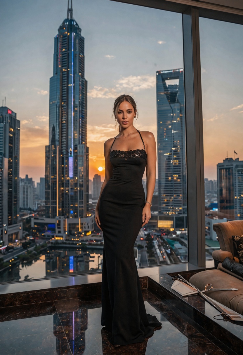 masterpiece,  elegant woman standing inside a luxury penthouse overlooking a futuristic city skyline at sunset,  cinematic...
