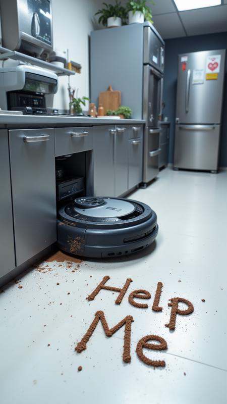In a futuristic kitchen,  a robot vacuum is trapped under a cabinet,  its wheels spinning uselessly as it tries to break f...
