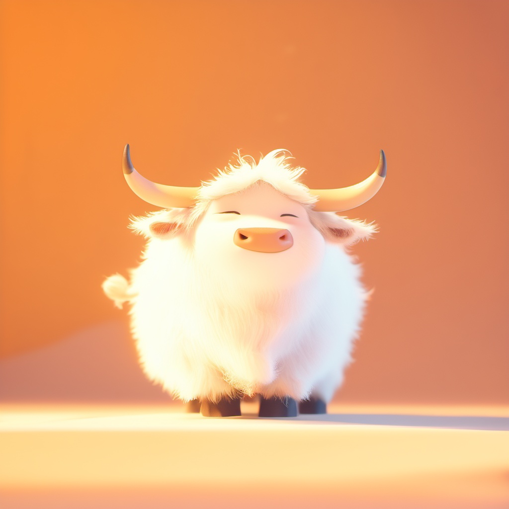chouniu,cow,soft lighting,^ ^,cc-color-correction,whimsy and dramatic lighting,white fur,warm colors,mf-movie-filter,cute,no humans,solo,closed eyes,fluffy,full body,cow focus,horns,cow tail,standing,orange background,facing viewer,closed mouth,tail,cow horns,simple background,<lora:chouniu_xl_v2:1>,