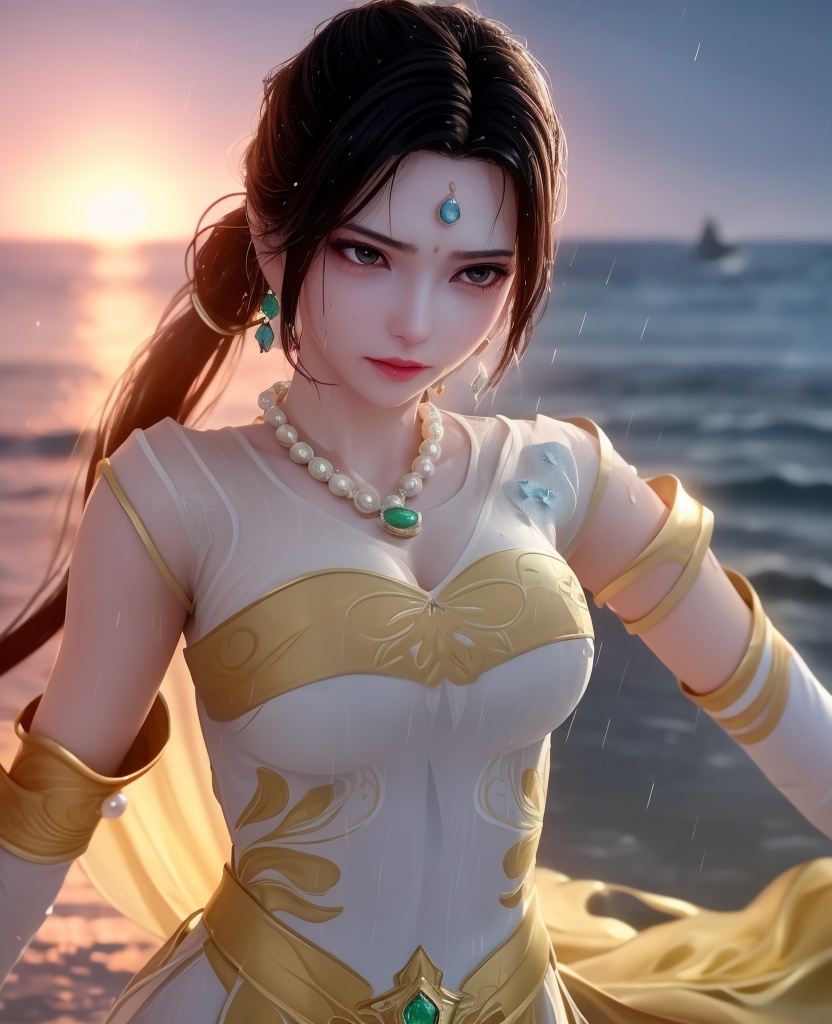 <lora:614-DA-炼气十万年-朴灵儿:0.8>(,1girl, ,best quality, ),looking at viewer, ,ultra detailed 8k cg, ultra detailed background, ultra realistic 8k cg,  ,masterpiece((((1girl, solo,  , ,solo focus, wet,sweat, ocean,rain, water drop, )))) (, , sweatdrop, flying sweatdrops, sweating profusely,colorful drop \(module\), )   clean, masterpiece,     cinematic lighting, cinematic bloom,   , unreal, science fiction, luxury, jewelry, diamond, gold, pearl, gem, sapphire, ruby, emerald, intricate detail, delicate pattern, charming, alluring, seductive, erotic, enchanting, hair ornament, necklace, earrings, bracelet, armlet,halo,