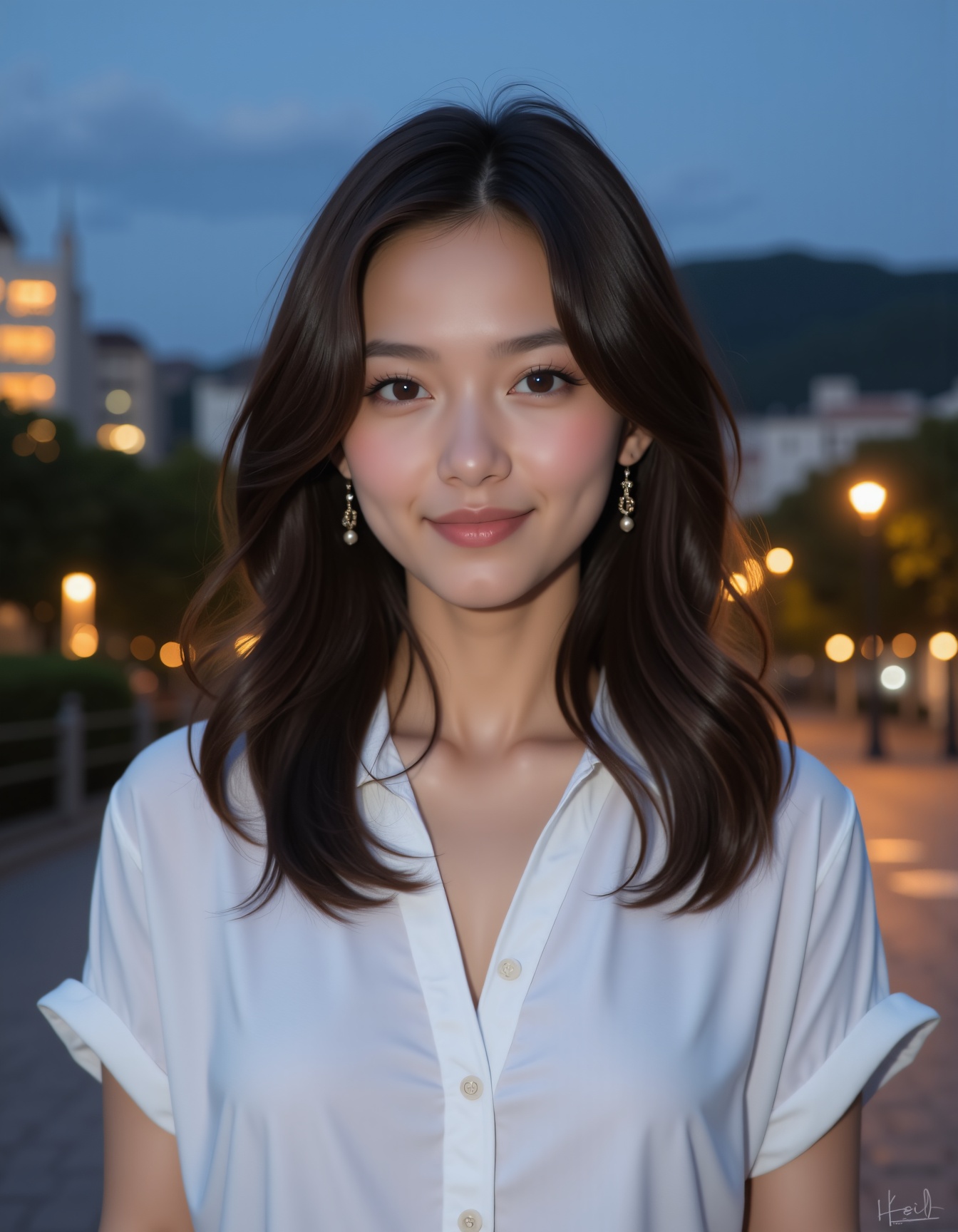 asian beauty,  a woman in a white shirt posing for a picture in front of a backdrop of buildings,  trees on Tensor.Art
