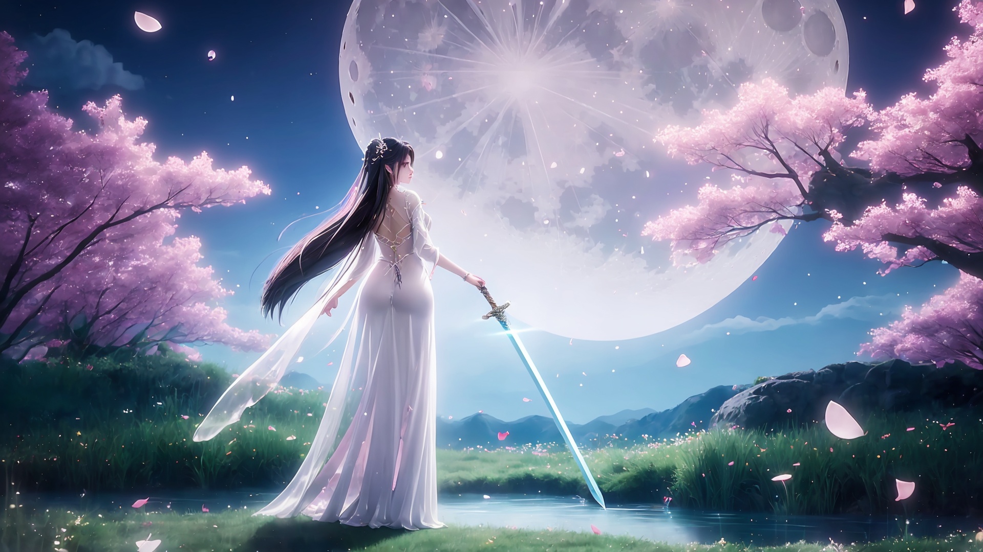 1girl,moon,weapon,sword,dress,long hair,solo,hair ornament,black hair,white dress,petals,night,water,full moon,grass,high heels,full body,back,<lora:girl solo luxueqi_20240911015355:0.8>,<lora:【面部细节优化】拒绝一眼Ai暖白美颜滤镜-冷白皮美颜去油腻_v1.0:0.5>,