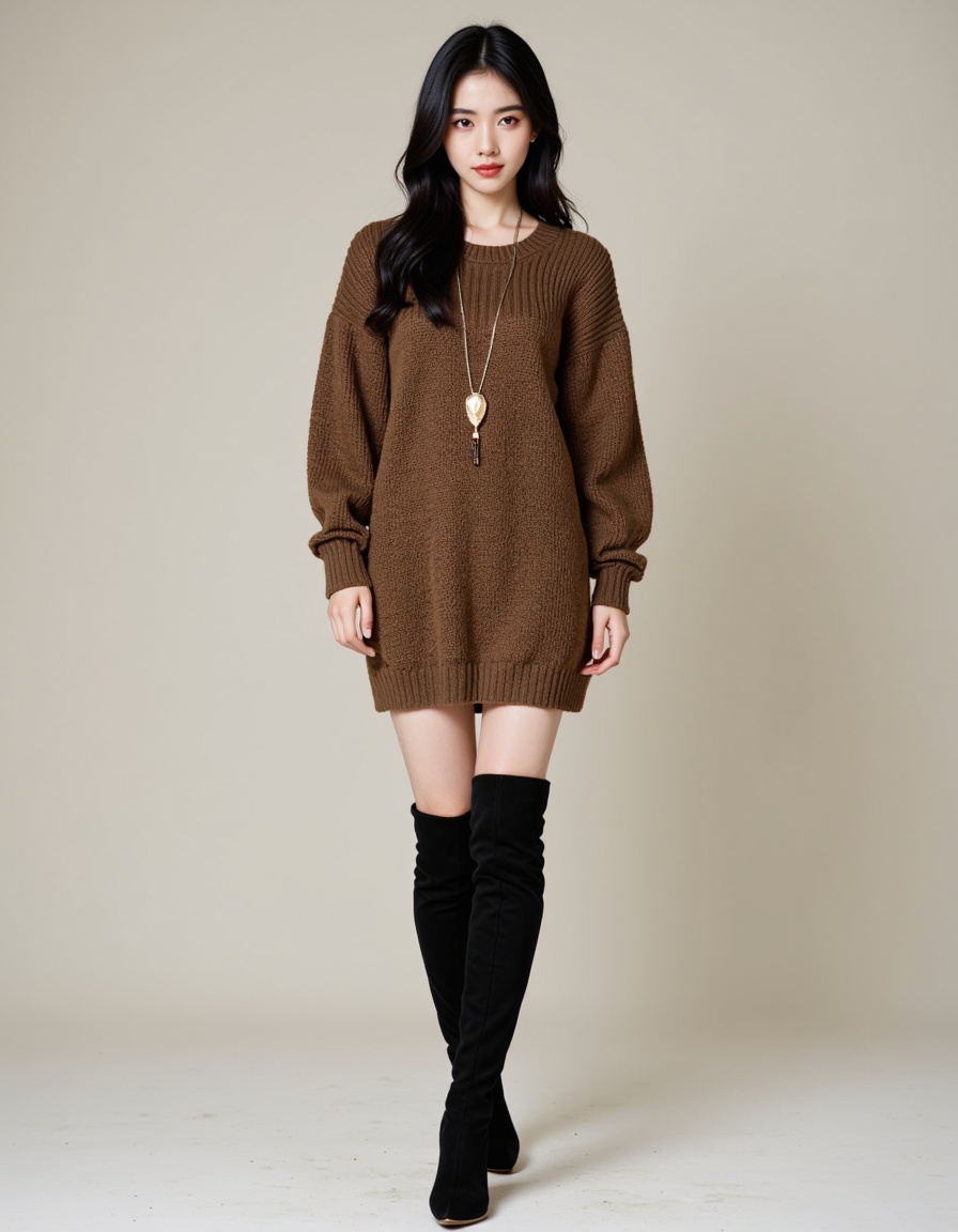 a real picture of a south korea woman,In Aran sweater tunic worn as a mini dress with thigh-high boots,