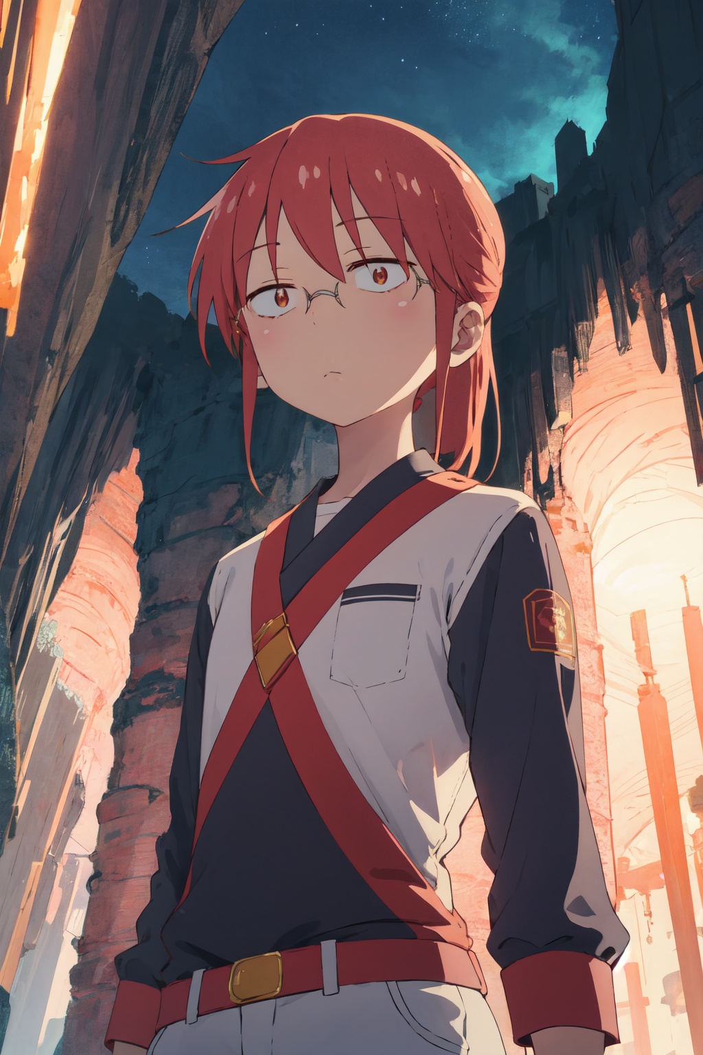 <lora:Kobayashi-000010:0.8>,kobayashi cyql,1girl,looking at viewer,solo,glasses,red hair,ponytail,brown eyes,sidelocks,Airline-specific uniform reflecting the cultural heritage and motifs of the airline,expressionless,upper_body,Descending beneath the earth, fantastical stalactites and stalagmites take on eerie shapes under dim light,(Eucalyptus trees, Red soil, Koalas, Eucalyptus scent, Outback landscape, Aboriginal art:0.5),beautiful detailed sky,beautiful detailed glow,posing in front of a colorful and dynamic background,masterpiece,best quality,beautiful and aesthetic,contrapposto,female focus,wallpaper,