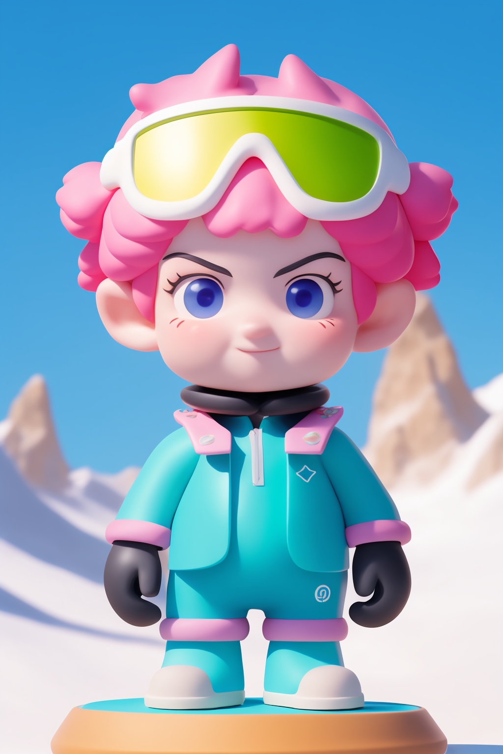 1girl,solo,smiling,looking at viewer,gloves,short hair,full body,standing on a snowboard,ski background,snow mountain,ski cap,pink theme,black reflective windbreak on head,sideways,transparent clothing,wearing headphone,zodisigns,