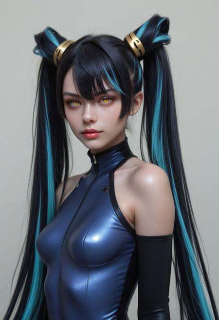 very aesthetic, score_9, score_8_up, score_7_up,masterpiece, very long hair,yellow eyes,long hair, black hair, blue hair, two-tone hair,twintails, bangs,hair between eyes,medium breasts,nail polish, eyes focus, eye contact, (aesthetic photography:1.10), portrait, model, 1girl, solo, (pale skin:1.10), (young woman:1.10), petite, asymmetrical hair, perfect eyes, slim, wearing bodysuit,elbow gloves, fingerless gloves,covered navel,bare shoulders,hair ornament, sea landscape with a marvellous ocean