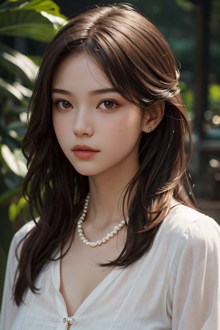 a girl,lateral face,wearing a pearl necklace,brown hair,highest quality,best quality,masterpiece,realistic,masterpiece,realistic,Highly detailed,
