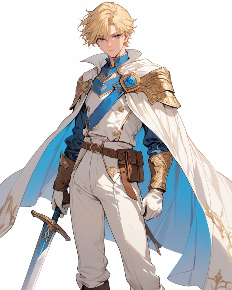 (best quality), ((masterpiece)), (highres), illustration, original, extremely detailed . <lora:日式动漫人设BOY版XL:0.7>jjj,boy, male focus, blonde hair, blue eyes, solo, weapon, gloves, sword, looking at viewer, simple background, white gloves, white background, pants, cape, white pants, short hair, long sleeves, white cape