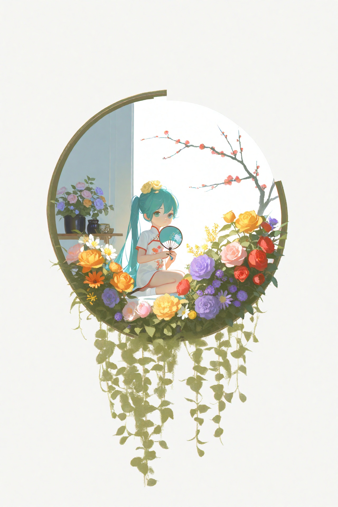 rtist:chenbin,artist:tianliang duohe fangdongye,artist:wlop,Artist:ask (askzy),hatsune miku,flower,chinese clothes,very long hair,solo,dress,sitting,long hair,red flower,1girl,china dress,holding,white dress,vase,pink flower,holding fan,full body,hand fan,black footwear,round window,simple background,short sleeves,yellow flower,looking at viewer,purple flower,white background,orange flower,bare legs,covered mouth,aqua hair,plant,potted plant,rose,socks,aqua eyes,nail polish,white socks,high heels,twintails,alternate hairstyle,branch,