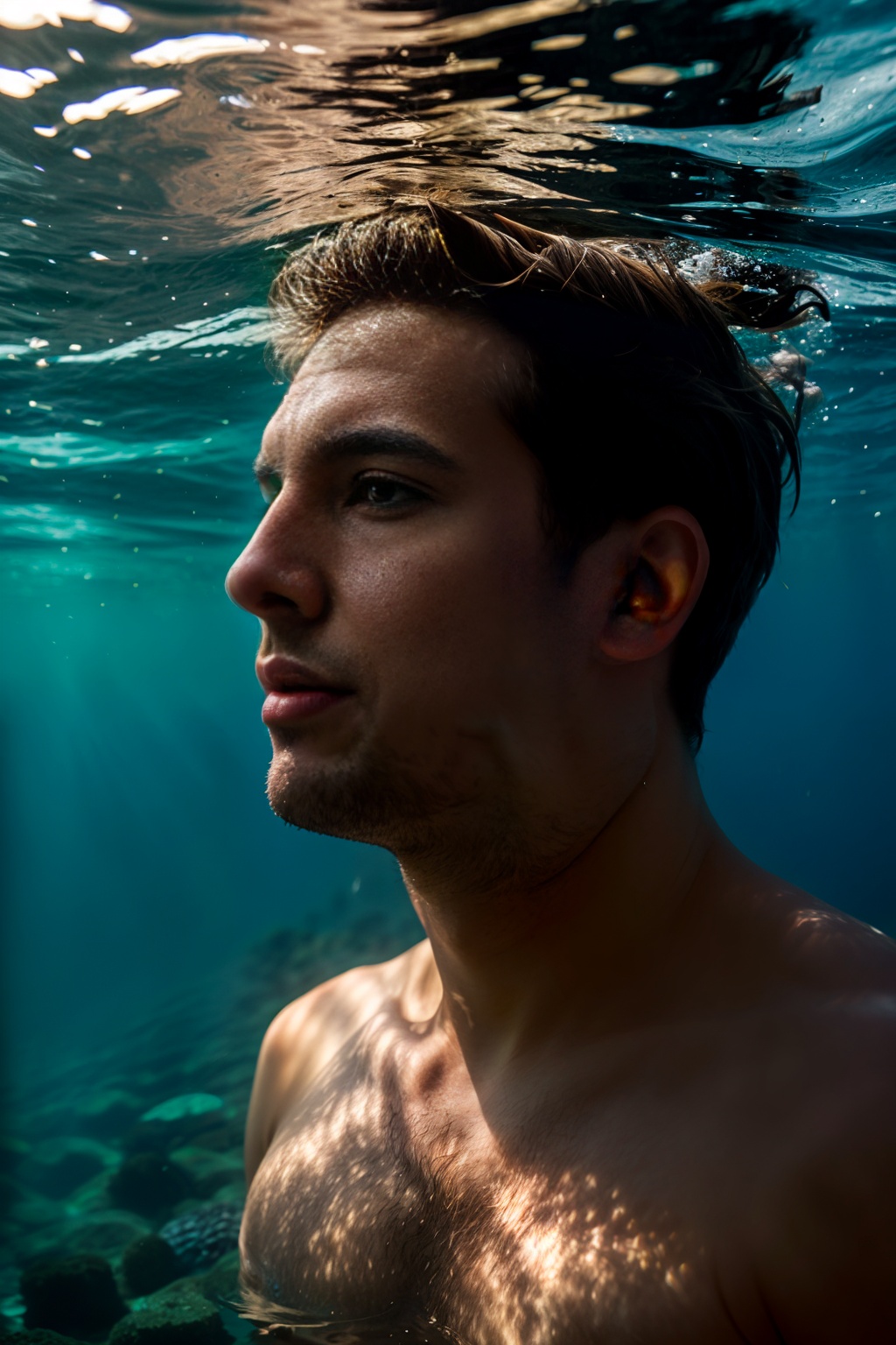 portrait photo of man,  underwater shot,  volumetric light on Tensor.Art