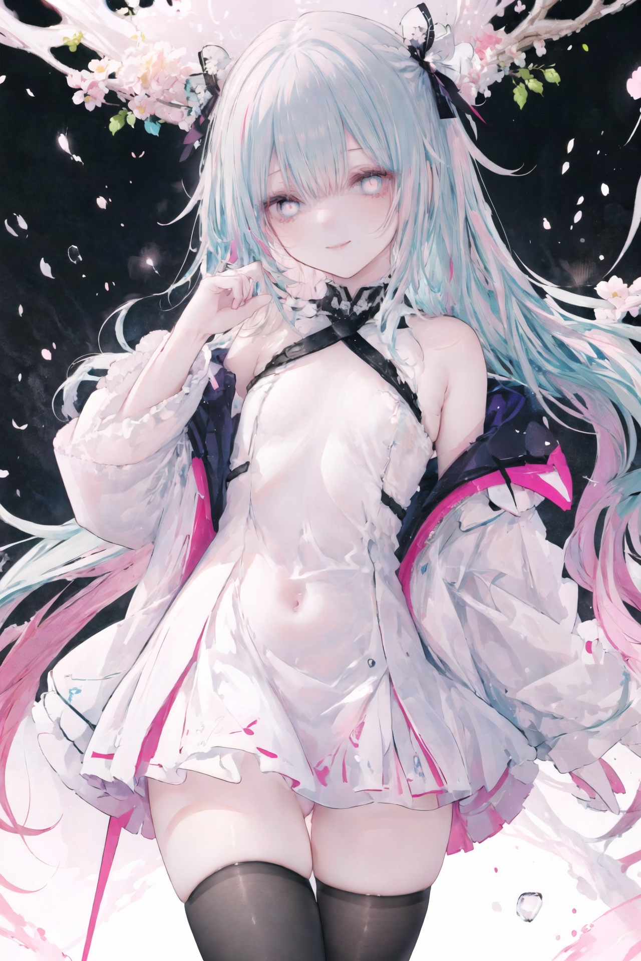 (masterpiece:1.2),best quality,PIXIV,1girl,solo,(facial focus),((multicolored hair, messy hair, bangs,sidelocks, payot, hair strand)),(Exhale, long hair),(flowers,flat color,lineart,abstract,ornate),(slit pupils, glowing eyes),(balck thighhighs,thighhighs),mesugaki,bishoujo,seductive_smile,<lora:lora:0.6>,