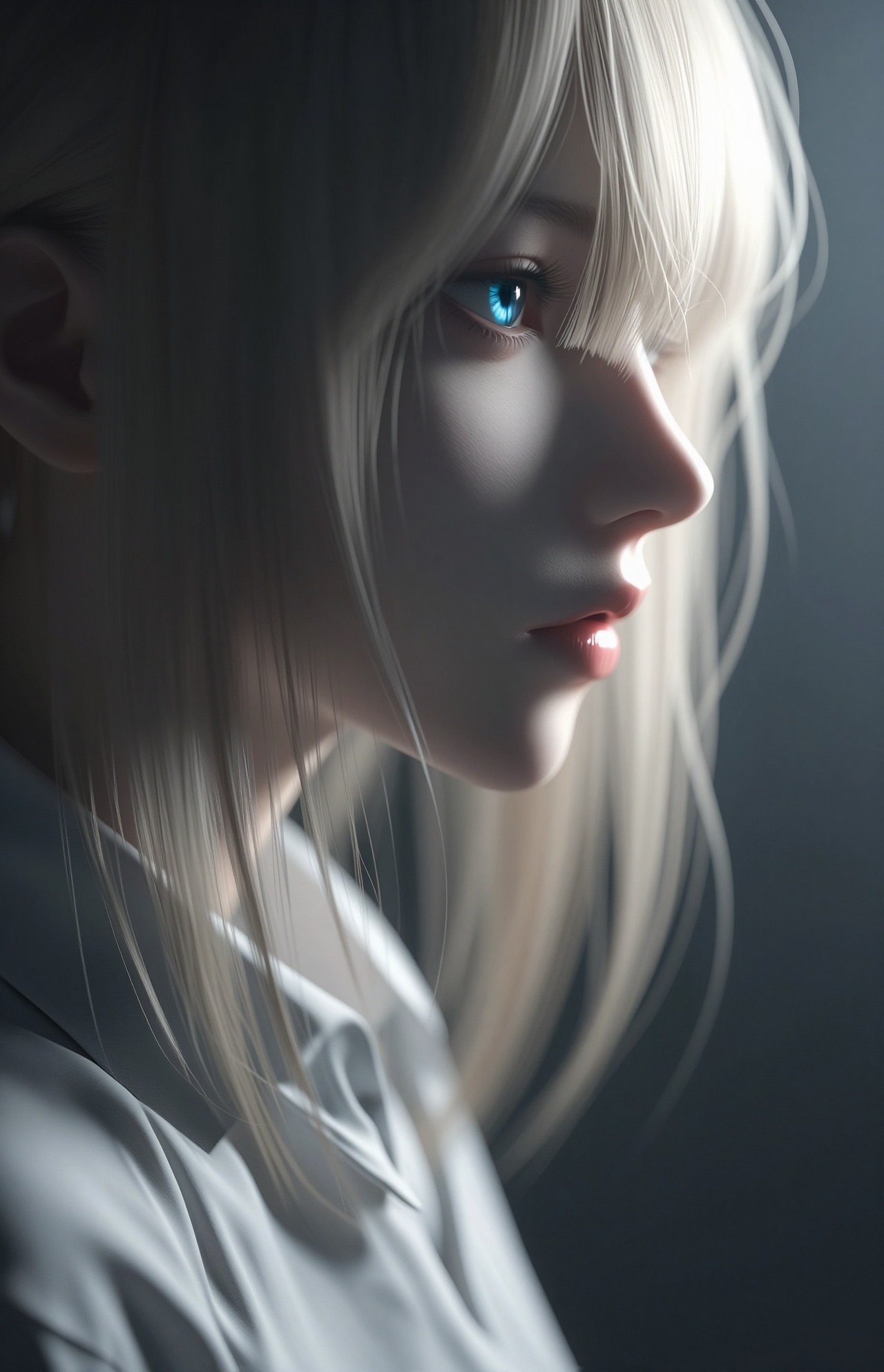 YY Anime style,This is a digital painting of a young woman with a side profile view, rendered in a realistic, semi-photorealistic style. The subject has light blonde hair with soft, flowing strands that partially cover her face, adding a sense of mystery. Her skin is fair, and she has a slender, delicate facial structure with high cheekbones and a small, slightly upturned nose. Her lips are slightly parted, and her eyes are a striking blue, which is the only bright color in the image, contrasting sharply with the predominantly dark and cool color palette.The lighting is dramatic, with a strong light source coming from the right side, casting a soft glow on her hair and creating deep shadows on the left side of her face. This light source is likely an artificial light, given the controlled nature of the illumination. She is wearing a white shirt, which is barely visible due to the strong backlighting, adding to the ethereal quality of the image. The background is dark and blurred, keeping the focus entirely on the subject. The overall mood of the painting is mysterious and introspective, enhanced by the use of light and shadow. The artist has paid close attention to the texture of the hair and the subtle nuances of the facial features, creating a highly detailed and realistic portrayal.