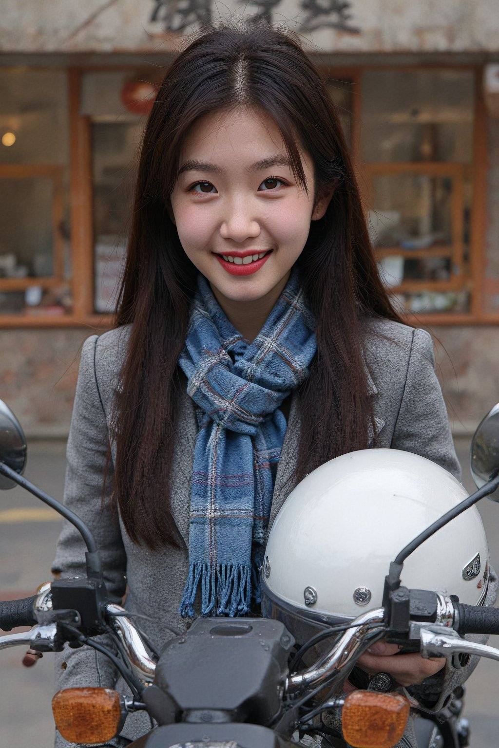 Photograph of an Asian woman with long,  dark brown hair and fair skin,  smiling warmly. She is wearing a gray jacket and...
