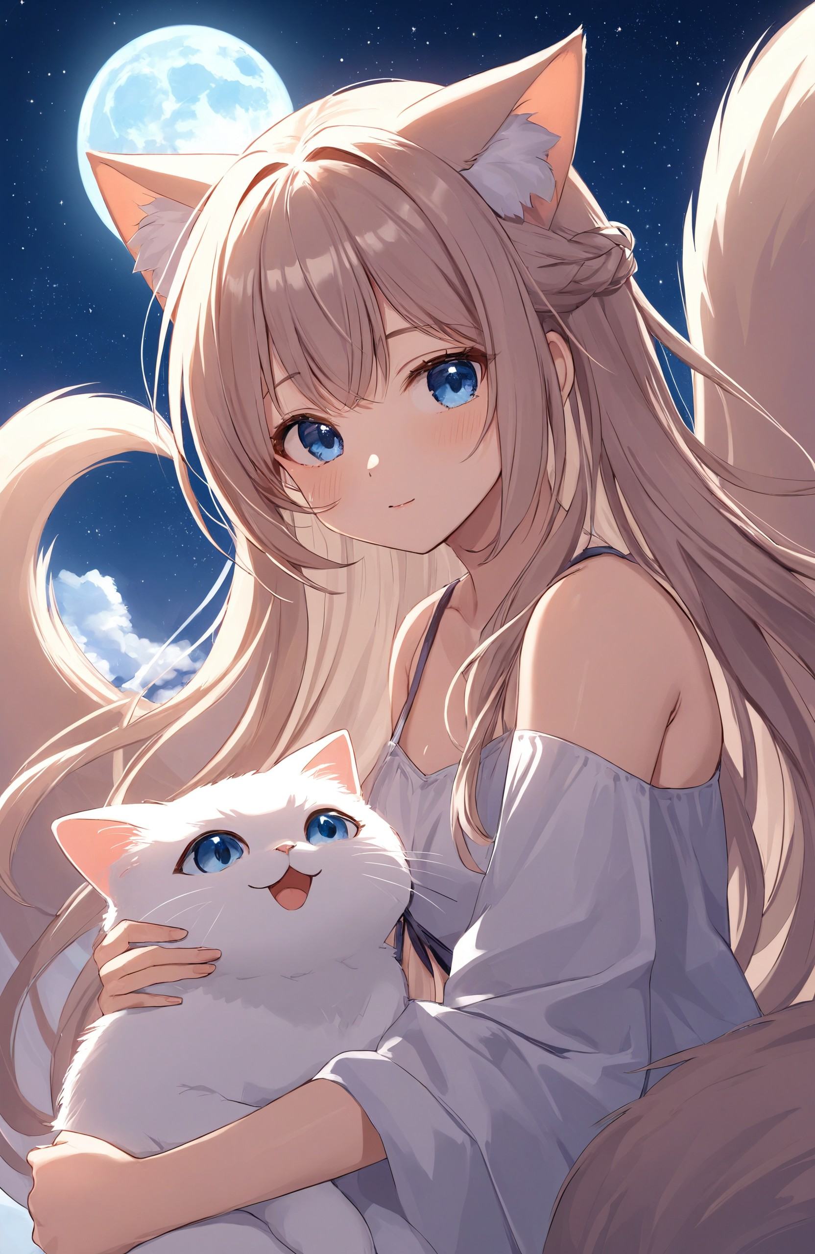 "Gentle anime art style, featuring a serene, dreamlike scene where a young girl is cradled in the soft, flowing tail of a giant, ethereal white cat. The background is a starry night sky, with a glowing full moon casting a magical light over the scene. The cat's eyes are deep and wise, exuding a sense of calm and protection, as the girl peacefully rests within its embrace."
