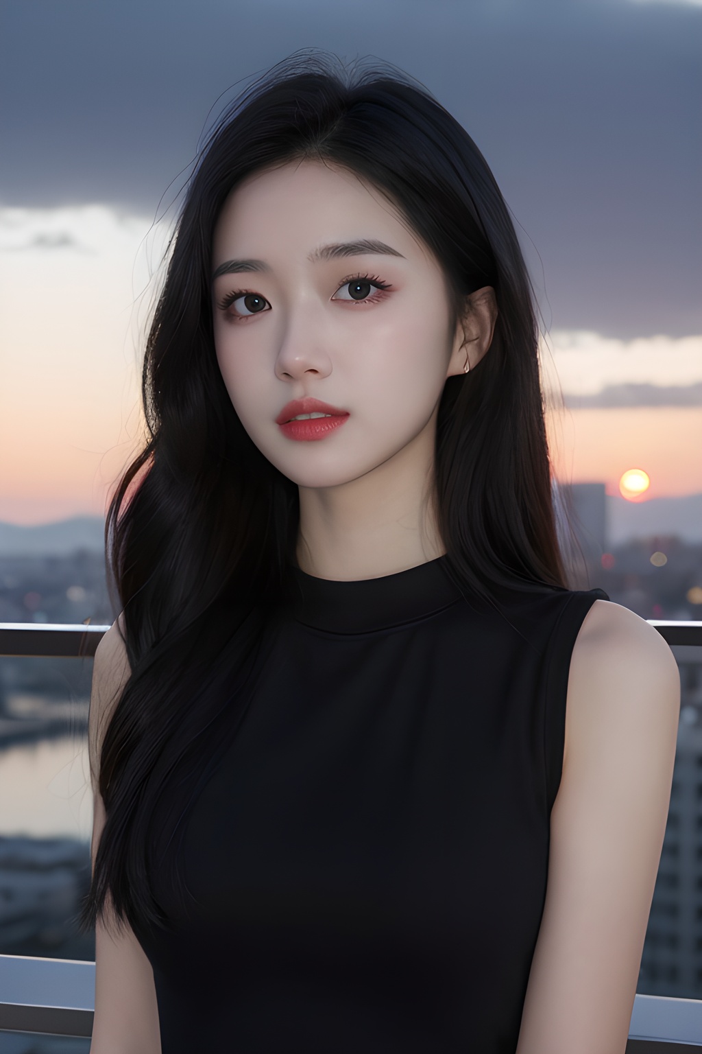 <lora:0811_04:0.7>,Frontal photography,Look front,evening,dark clouds,the setting sun,On the city rooftop,A 20 year old female,Black top,Black Leggings,black hair,long hair, dark theme, muted tones, pastel colors, high contrast, (natural skin texture, A dim light, high clarity) ((sky background))((Facial highlights)),, 1girl,realistic,masterpiece, best quality, photorealistic, HDR,detail
