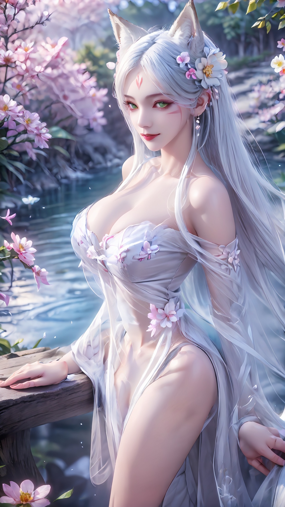 1girl,animal ears,solo,green eyes,breasts,long hair,dress,facial mark,white hair,flower,blurry background,hair ornament,looking at viewer,white dress,hair flower,blurry,tail,animal ear fluff,jewelry,fox ears,bracelet,lips,pink flower,medium breasts,smile,from side,sideboob,bare shoulders,wolf ears,closed mouth,forehead mark,<lora:girl xiaobai_20240912002955:0.8>,