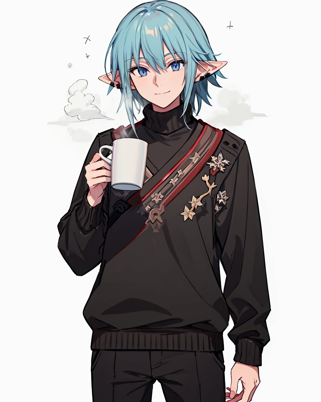 masterpiece,best quality, highly detailed, haurchefant greystone, solo, 1boy, holding cup, male focus, elf, white background, simple background, mug, sweater, steam, looking at viewer, smile, closed mouth, pants, sketch, turtleneck, long sleeves, cowboy shot,<lora:haurchefant_greystone:1>