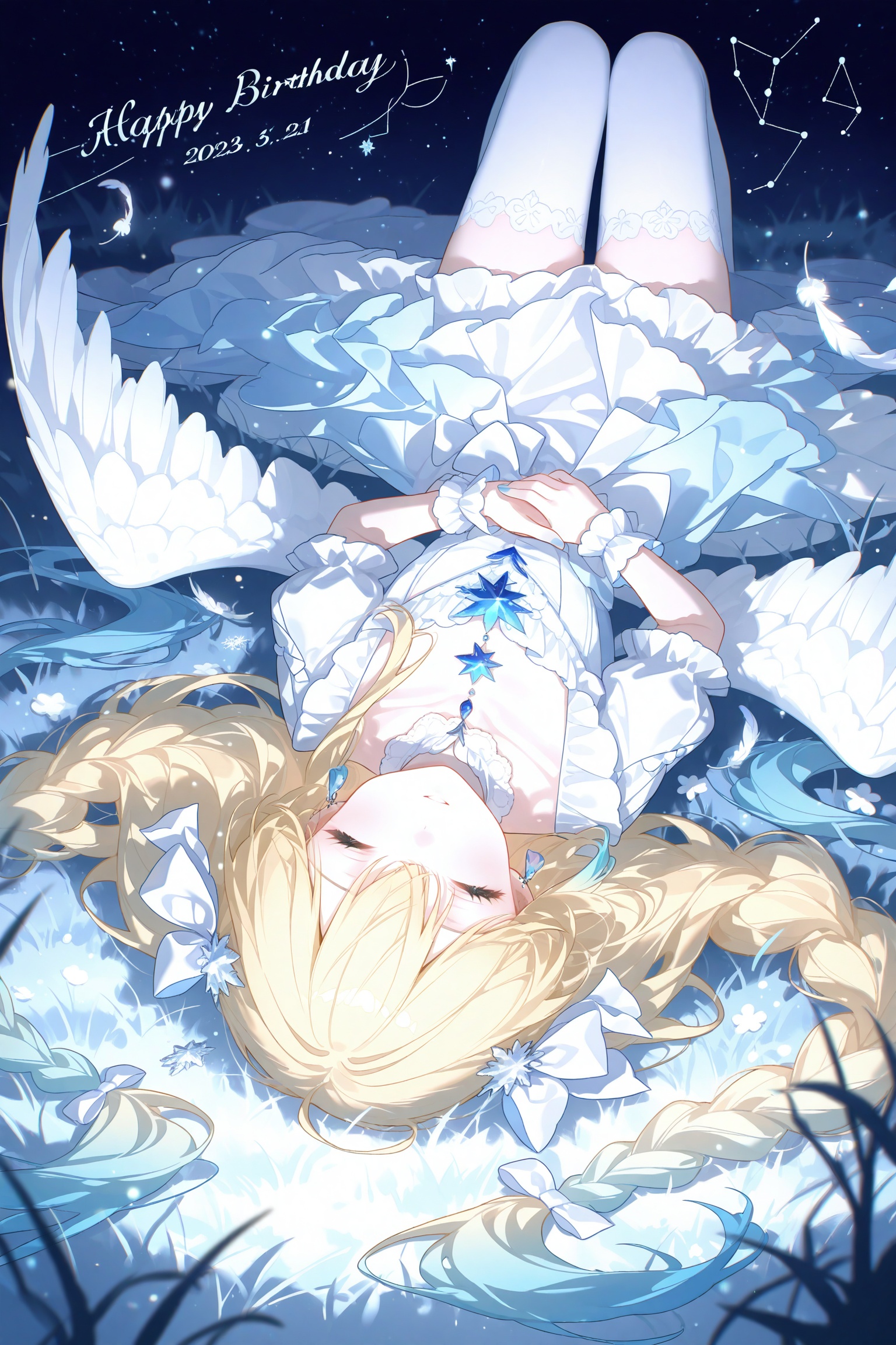 1girl, solo, long hair, lying, on back, star (symbol), blonde hair, dress, blue eyes, one eye closed, white dress, blue hair, thighhighs, gradient hair, multicolored hair, long sleeves, chromatic aberration, braid, wings, white bow, hair bow, bow, virtual youtuber, hair ornament, hair spread out, closed mouth, puffy sleeves, jewelry, snowflakes, watermark, english text, very long hair, white thighhighs, frills, looking at viewer, parted lips, frilled sleeves, frilled dress, smile, skirt, upside-down, closed eyes, star hair ornament, blue nails, on ground, earrings, sample watermark, star (sky), feathered wings, sparkle, blurry, white ribbon, eyelashes, detached sleeves, twin braids, feathers, heterochromia, choker, constellation, wrist cuffs, happy birthday, depth of field, necklace, blush, white choker, layered dress, on grass, white wings, knees up, colored tips, grass, juliet sleeves, ribbon, short sleeves, starry sky, own hands together, night, fingernails, detached collar, crystal, nail polish, sidelocks
