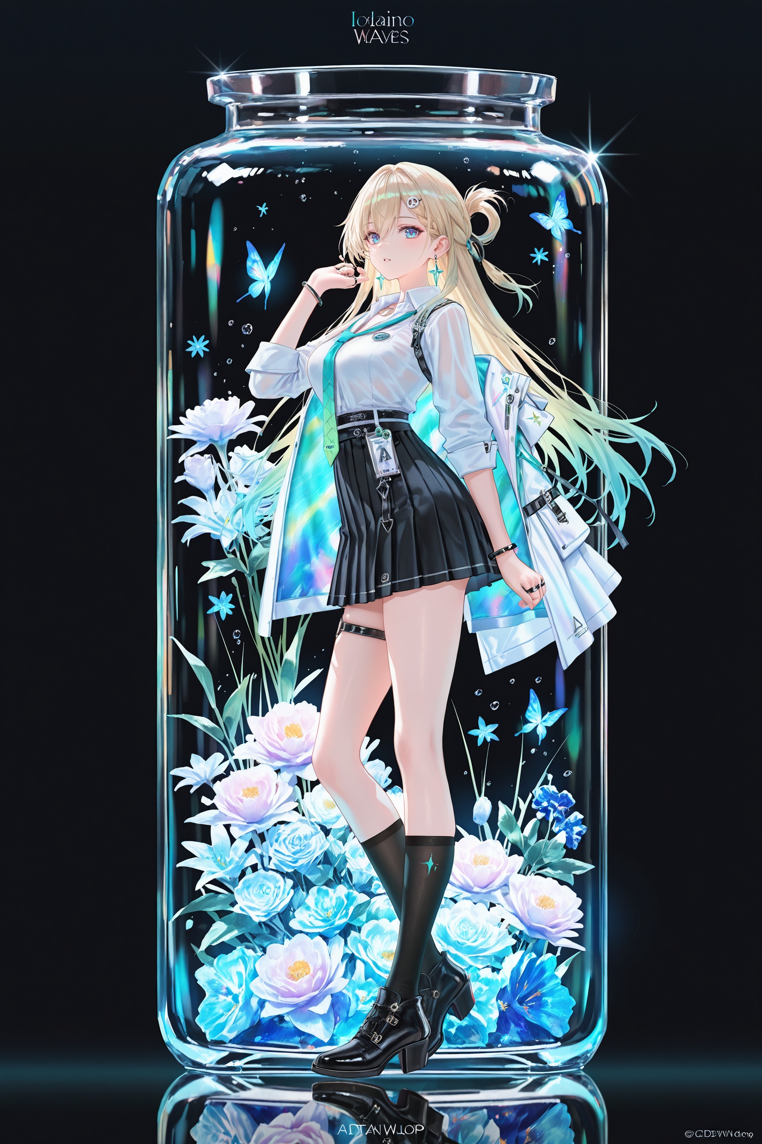 masterpiece,best quality,good quality,((artist:reoen),(artist:fuzichoco),(artist:atdan),(artist:torino_aqua),year 2024:0.8)1girl,[artist:wlop],jijia,2d,anime,1girl,solo,looking at viewer,in container,see-through,standing,hand up,character name,black background,reflection,copyright name,gradient,a glass bottle with a picture of a woman on it,a picture of a girl inside a clear container with a bunch of stuff in it,interval glass,inside the container,glass separation,<lora:Lynae-noob-Tanger:0.8>,Lynae \(Wuthering Waves\),clothes: lynae def suit,1girl,jewelry,socks,long hair,necktie,earrings,bracelet,pleated skirt,blonde hair,black footwear,ring,white collared shirt,black skirt,hair ornament,blue eyes,bangs,shoes,black socks,thigh strap,breasts,jacket cape,