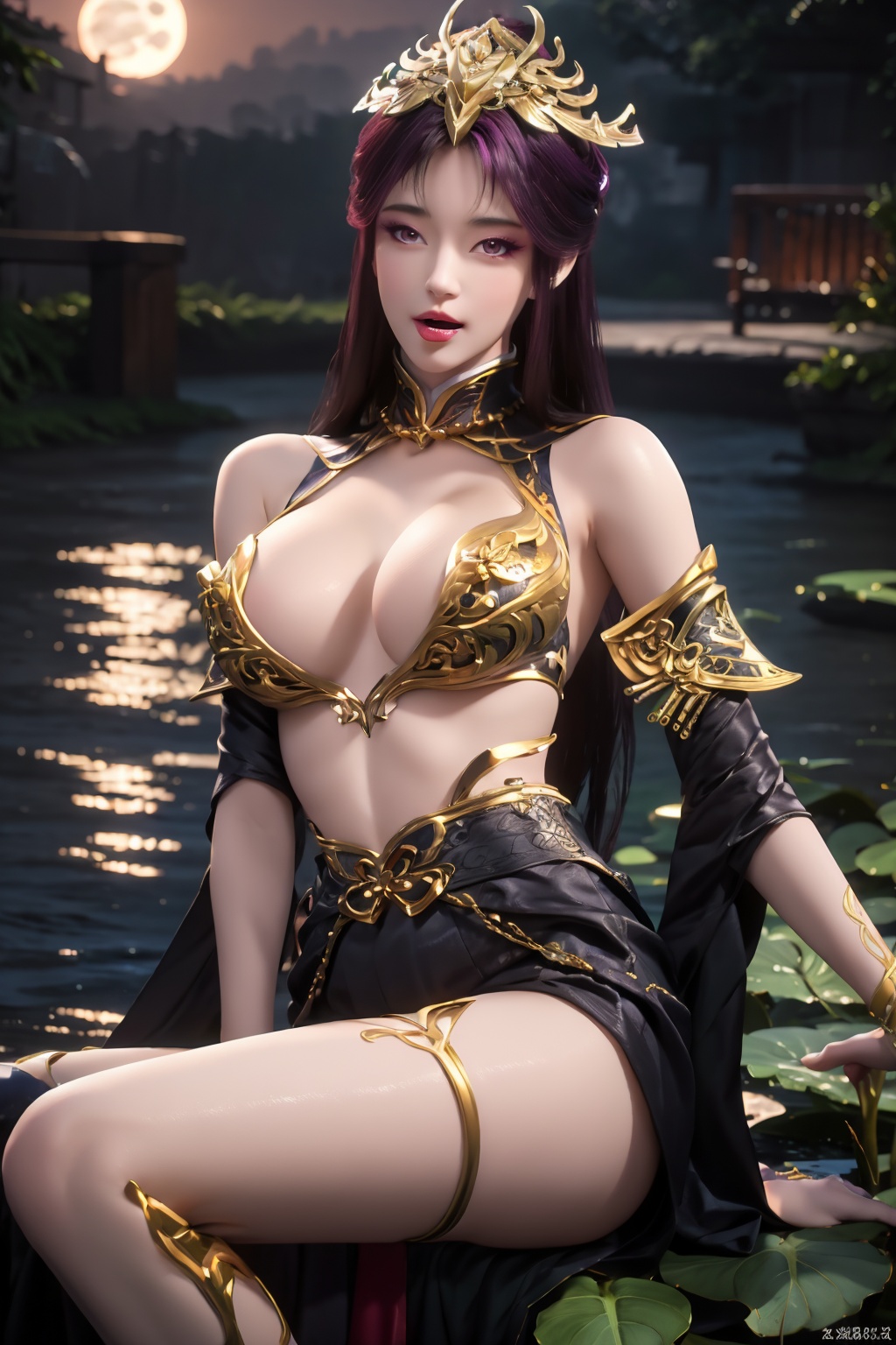 licking lips, tongue, portrait, tongue on lips,dress,chinese clothes,flower,full_moon,moon,night,lily_pad,lotus,moonlight,nipples,water,night_sky,lily_\(flower\),sky,partially_submerged,1girl,solo,black hair,hair ornament,long hair,brown eyes,realistic,nail polish,photo_\(medium\),(breasts, big_breasts, cleavage),makeup,(8k, RAW photo, best quality, masterpiece:1.2),(realistic, photorealistic:1.3),ultra-detailed,extremely detailed cg 8k wallpaper,(crystalstexture skin:1.2),extremely delicate and beautiful,purple hair,head jewel,sitting on throne,spread legs,seducive smile,black stockings,covering breasts and crotch,very long thighs,