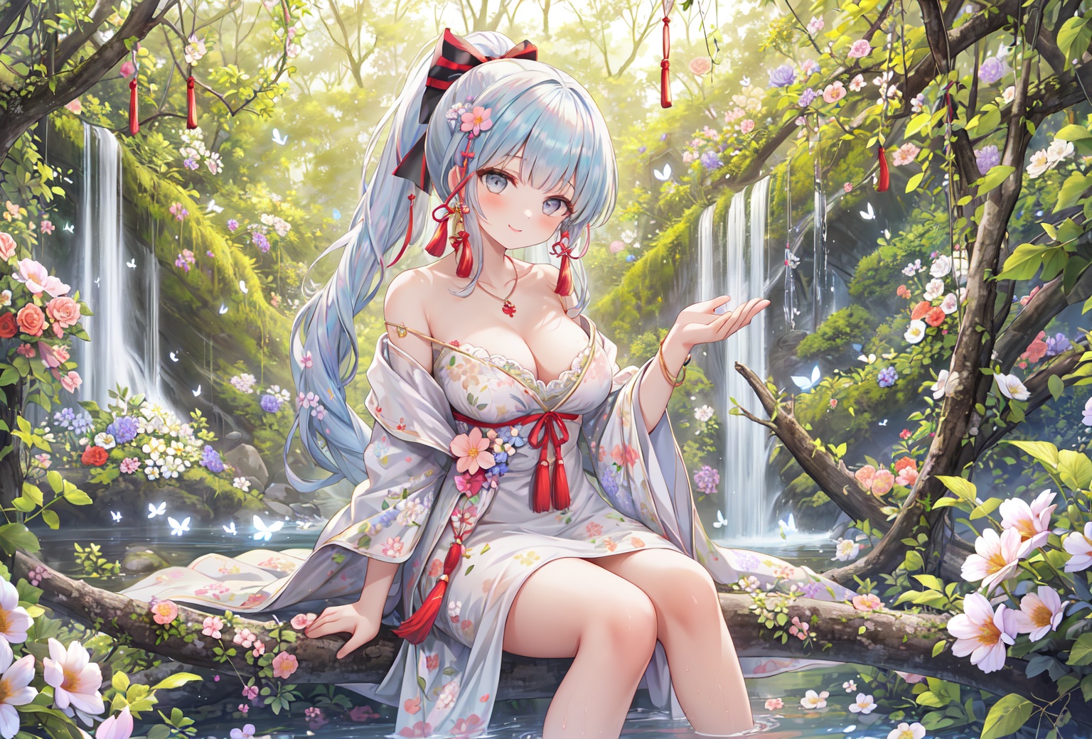 (masterpiece,best quality,absurdres:1.1),1girl,beautiful detailed girl,fine and beautiful detailed skin,kamisato ayaka,(tassel hair ornament:1.3),solo,grey eyes,blunt bangs,blunt tresses,ponytail,kusazuri,breasts,hair bow,hair ribbon,red ribbon,light blue hair,mole under eye,perky breasts,collarbone,cleavage,long hair,smile,legs up,sitting in tree,flower necklace,vines,(extremely detailed beautiful background:1.1),forest,waterfall,(floral background:1.3),flower,bloom,The tree is in full bloom with flowers,glowing butterfly,butterfly,Flowers all over the ground,(Flowers blooming all over the branches,:1.1),ray tracing,reflection light,water drop,(beautiful detailed eyeliner),(beautiful detailed skin),(smooth skin),(shiny skin:0.8),(shiny:0.8),wide shot,depth of field,rainbow,<lora:连衣裙torino_aqua:0.5>,<lora:童话核心fairycore:0.3>,