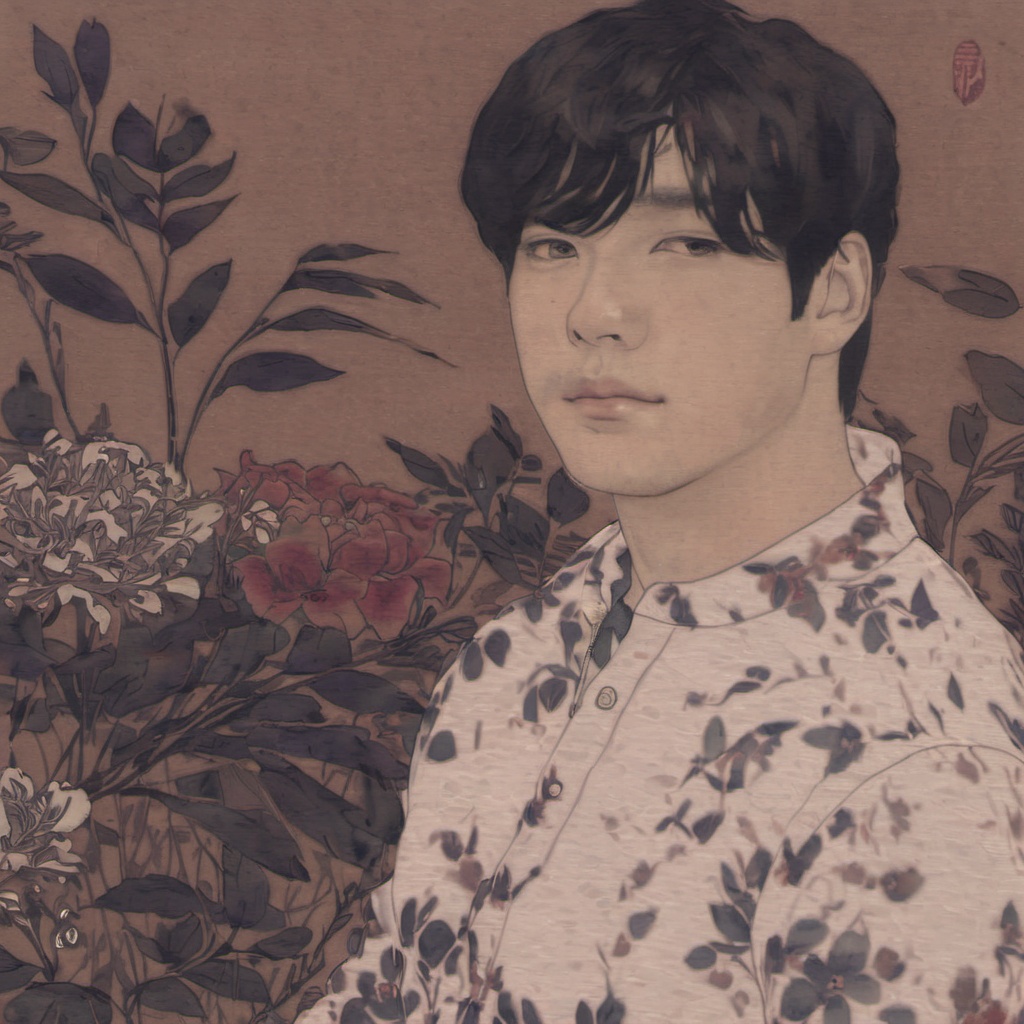 <lora:ukiyo-e_xl_v2:1>,solo,looking_at_viewer,short_hair,shirt,black_hair,long_sleeves,1boy,monochrome,white_shirt,male_focus,mole,book,floral_print,mole_under_mouth,book_stack,lying,plant,blinds,a portrait of a young individual with short and dark hair,They are wearing a light-colored shirt with a floral pattern,The background is a muted brown and there's a small red seal or stamp on the top right corner,The artwork appears to be a hand-drawn illustration possibly created using ink or watercolors,young individual,short and dark hair,resting head on hand,light-colored shirt with floral pattern,muted brown background,small red seal or stamp,