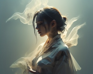 Double Exposure Style,Volumetric Lighting,a girl with Wrap top,arching her back,Traditional Attire,Artistic Calligraphy and Ink,light depth,dramatic atmospheric lighting,Volumetric Lighting,double image ghost effect,image combination,double exposure style,