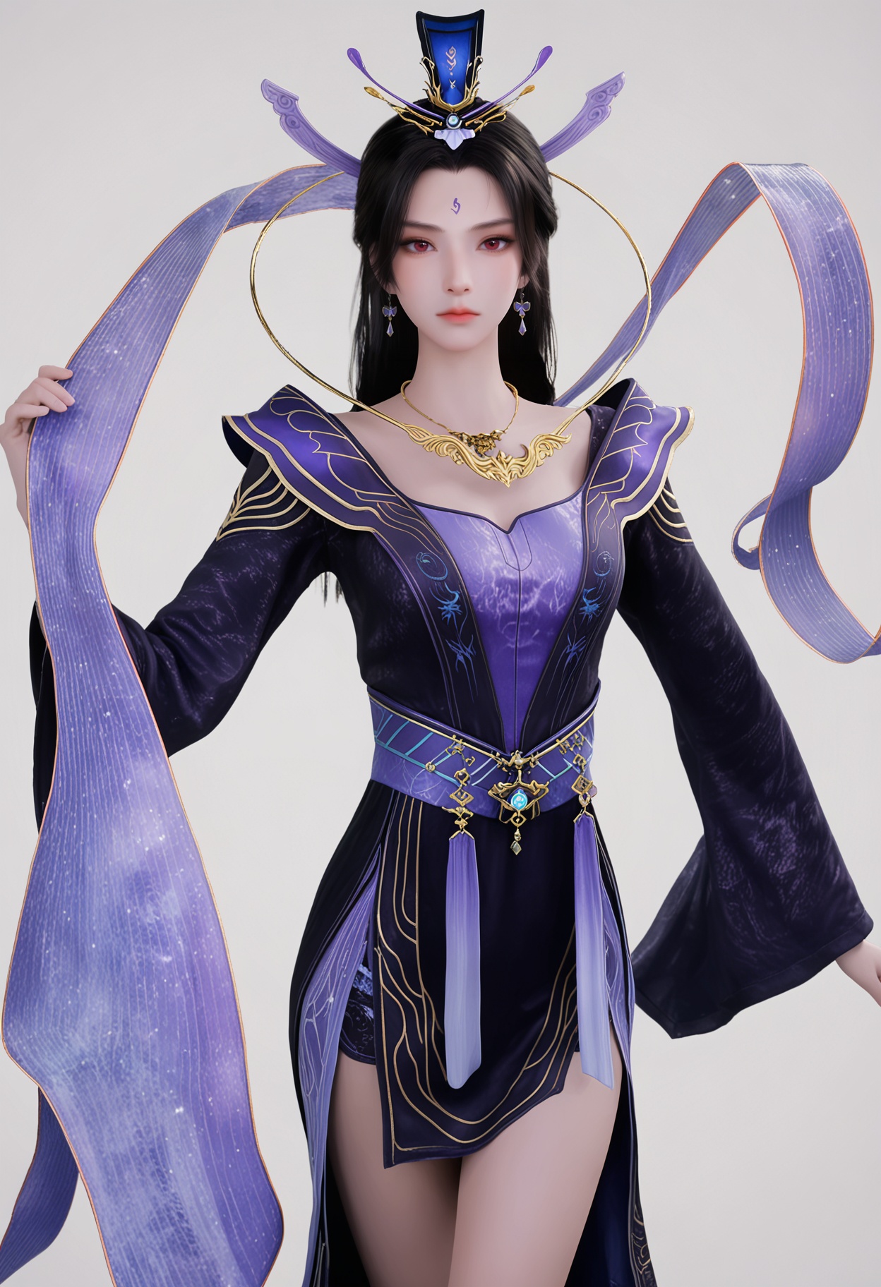 score_9,high detail,best quality,shiny skin,shiny,zixia,1girl,solo,red eyes,black hair,long hair,white background,dress,jewelry,simple background,hair ornament,necklace,closed mouth,earrings,forehead mark,long sleeves,expressionless,sash,hagoromo,purple dress,chinese clothes,shawl,looking at viewer,thighs,<lora:QQSponyzixiaV1:0.8>,<lora:Pony_DetailV2.0:0.8>,<lora:皮肤凹痕:0.1>,