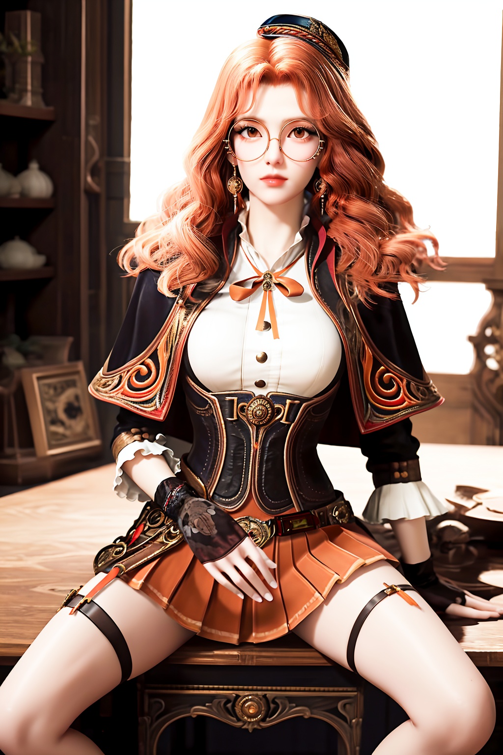 (best quality,masterpiece:1.2),ultra detailed,8k,RAW photo,realistic,photorealistic,ultra-detailed,intricate detail,extremely detailed,delicate pattern,looking at viewer,<lora:C_绝世唐门_橘子_JUNE:0.7>,1girl,solo,juzi,hat,glasses,long hair,jewelry,earrings,curly hair,wavy hair,round eyewear,mini hat,orange hair,belt,ribbon,capelet,long sleeves,corset,skirt,fingerless gloves,thigh strap,bare legs,standing,sitting,spread legs,