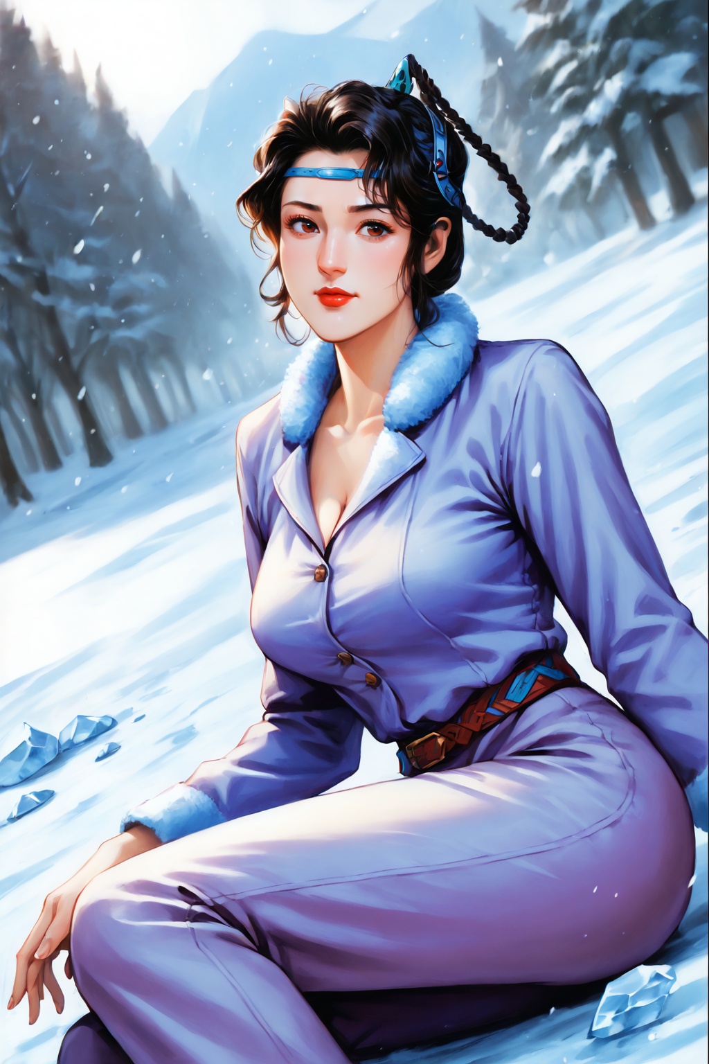 safe_pos,score_9,score_8_up,score_7_up,yuanshen,1girl,solo,black hair,brown eyes,braid,lips,hair rings,lipstick,headband,winter clothes,pants,large breasts,cleavage,(lying,on side),long legs,looking at viewer,cowboy shot,nice hands,<lora:pony神兵玄奇-北冥雪:1>,(highres, high quality:1.3),intricate details,sharp focus,depth of field,outdoors,sunlight,soft focus,bright skin,Holy lighting,white skin,mature female,beautiful detailed sky,overexposure,dynamic pose,dynamic angle,<lora:add-detail-xl:0.5>,mature female,curvy,shiny skin,oiled skin,Expressiveh,winter,snow,snowing,ice,ice magic,