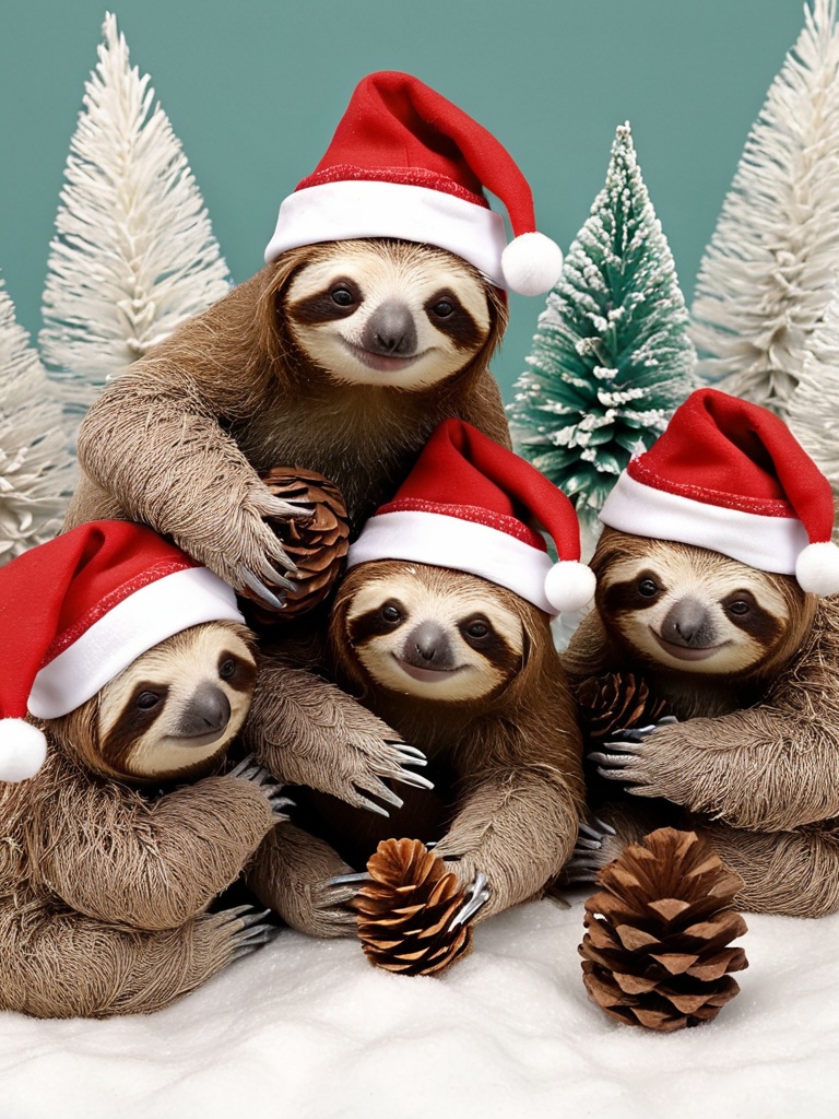 XmasBushy,A festive gathering of five stuffed sloths, donned in holiday attire and huddled around a pile of snowy pine cones..,.,<lora:Pony.CNDragonMB:0.8>,