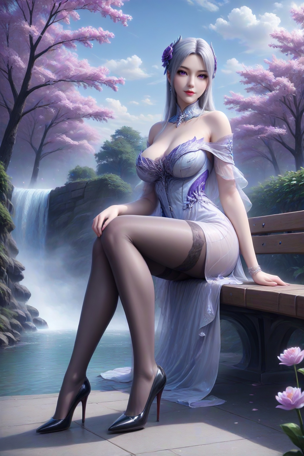 <lora:xiaoyixian_v3-000020:0.5>,xiaoyixian,1girl,solo,hair ornament,hair flower,closed mouth,nose,lips,lipstick,purple eyes,big breasts,masterpiece,highres,absurdres,best quality,8K,high-res detailed,dress,white dress,purple dress,detached collar,bare shoulders,jewelry,pantyhose,black pantyhose,looking at viewer,sitting,(outdoors,day,waterfall,sky,cloud,park,park bench,lamppost,),shiny legwear,shadow,outdoors,wall,sky,blue sky,cloud,<lora:Cleavage Slider_alpha1.0_rank4_noxattn_last:-2>,high heels,louboutin heels,black heels,footwear,<lora:Louboutin_Heels__PONY:0.6>,