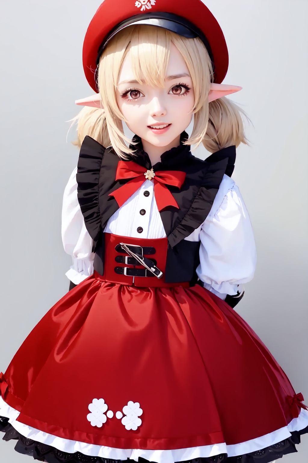 klee_(genshin_impact),1girl,ahoge,low_twintails,open_mouth,solo,looking_at_viewer,alternate_costume,sidelocks,red_headwear,:d,clover_print<lora:klee_(genshin_impact):1>,simple background,white backgroundmasterpiece,best quality, highly detailed, 
