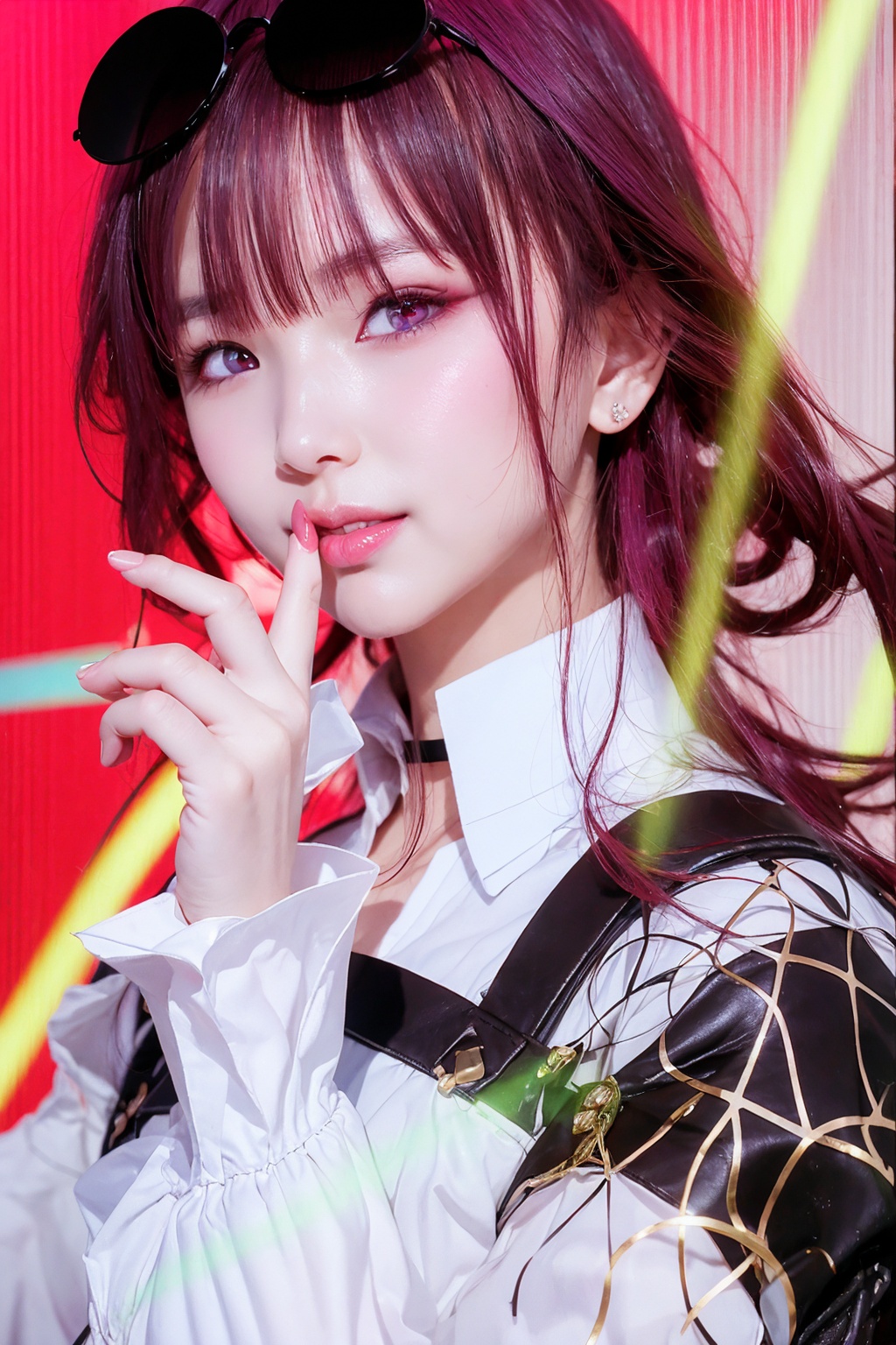 masterpiece, best quality, realistic, (photoshop \(medium\):1.4),<lora:kafka:1>,kafka (honkai: star rail), 1girl, solo, eyewear on head, long hair, looking at viewer, gloves, smile, sunglasses, shirt, white shirt, purple hair, red eyes, upper body, finger to mouth, sketch, heterochromia, breasts, bangs, bare shoulders, hair between eyes, index finger raised, long sleeves, pink eyes, parted lips