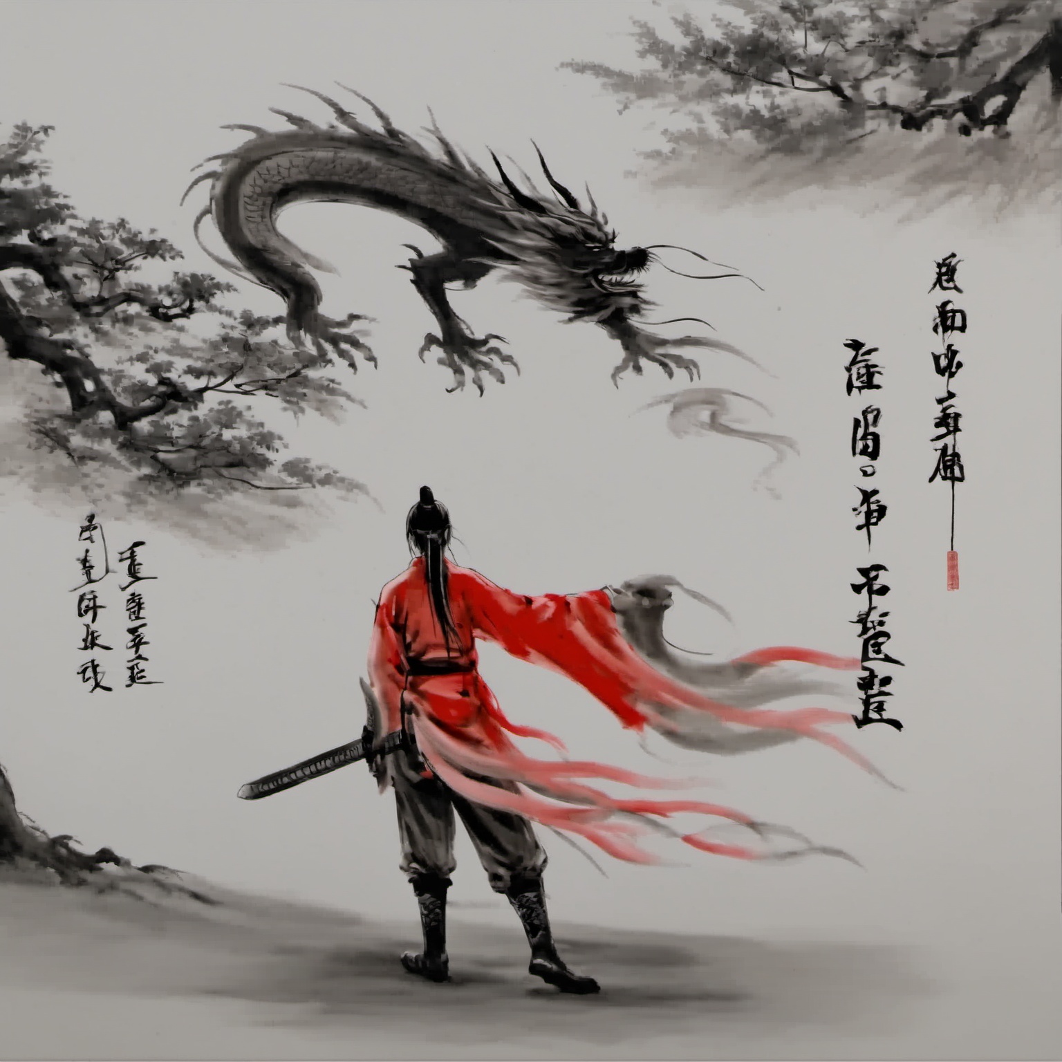 <lora:ink_xiakexing_xl:0.8>,1girl,red dress,dragon,ink painting,tree,ink painting,a drawing of a person with a long hair and a sword in his hand and a chinese writing on the wall,solo,1boy,hat,holding,standing,monochrome,weapon,greyscale,male focus,boots,sword,grey background,from behind,holding weapon,holding sword,letterboxed,topknot,long sleeves,ponytail,japanese clothes,katana,walking,chinese text,facing away,