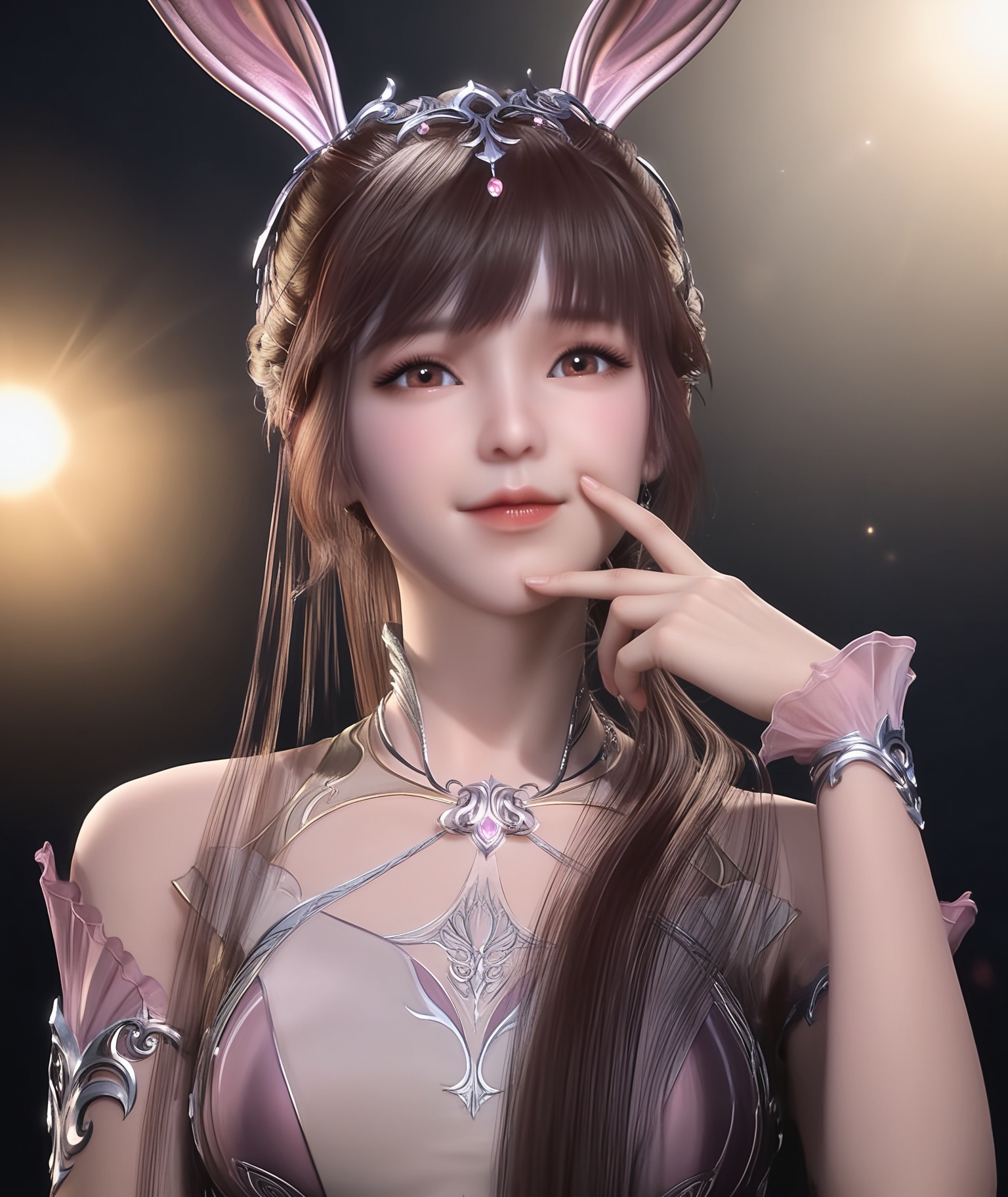 masterpiece,best quality,absurdres,highres,BREAK(glamor:1.1),slender,1girl,solo,<lora:小舞-ill:0.85>,xiaowu,long hair,brown hair,hair ornament,ponytail,bunny ears,brown eyes,jewelry,braid,see-through,pink dress,dress,long dress,looking at viewer,front view,(fingersmile),upper body,light blush,BREAKsimple background,black background,rim light,Tyndall effect,Volumetric Lighting,Cinematic Lighting,realistic,depth of field,
