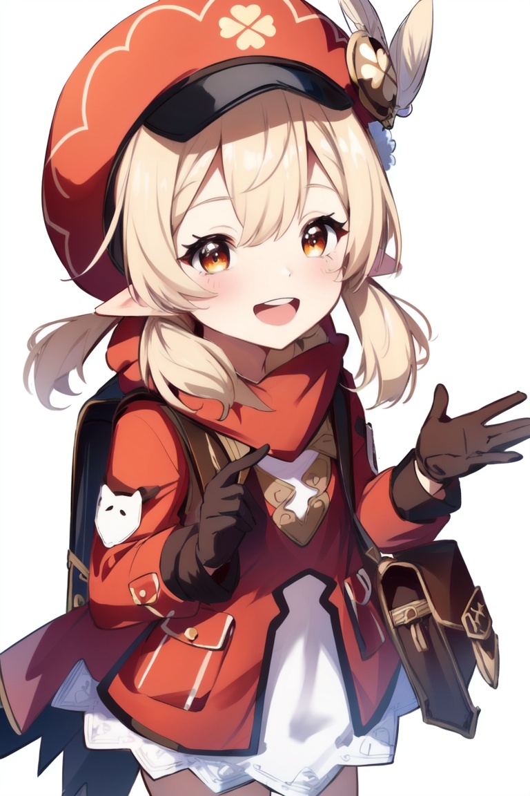 ((HRD, HUD, 8K)),((masterpiece, best quality)), highly detailed,Klee, 1girl, klee (genshin impact), hat, solo, bag, pointy ears, backpack, gloves, ahoge, smile, looking at viewer, v, bangs, twintails, low twintails, cabbie hat, long hair, long sleeves, red headwear, charm (object), sidelocks, dodoco (genshin impact), hat feather, bag charm, clover print, :d, brown gloves, scarf, open mouth, coat, red coat, randoseru, hat ornament, light brown hair, hair between eyes, red eyes, brown scarf, pocket, orange eyes, simple background, blonde hair,  <lora:20240702-1719916281946:0.7>
