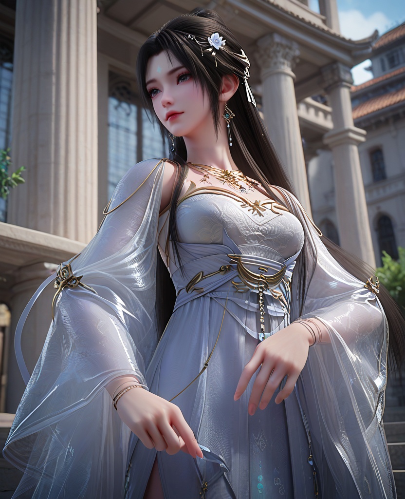(oriental architecture, elegant decor, sophisticated style:1.1),Standing near a window, gazing outside with a wistful expression,,(breasts:1.2),<lora:XL16完美世界清漪:0.95>,miss qingyi,white dress,forehead mark,black hair,hanging hair,long hair,hair ornaments,gem earrings,gold jewelry,necklace,see-through sleeves,sash,hair ribbon,bracelet,floral print,, zPDXL2, score_9, score_8_up, score_7_up BREAK realistic, masterpiece,best quality, highly detailed,, zPDXL3, zPDXL2,zPDXL, zPDXLxxx, zPDXLrl,