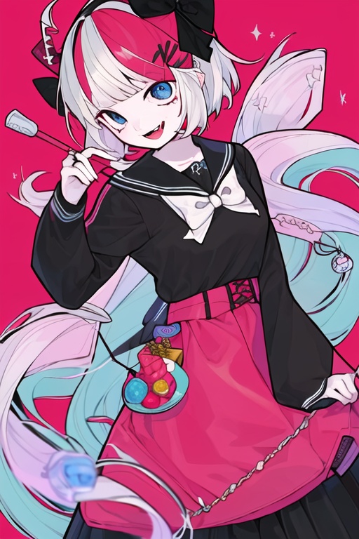 CH,high contrast,1girl,solo,looking at viewer,smile,short hair,open mouth,bangs,blue eyes,shirt,hair ornament,long sleeves,bow,holding,jewelry,multicolored hair,hairband,food,horns,hairclip,sailor collar,black shirt,fangs,pink background,red background,