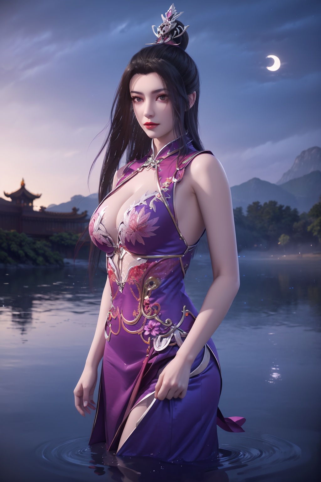 standing,dress,chinese clothes,flower,full_moon,moon,night,lily_pad,lotus,moonlight,nipples,water,night_sky,lily_\(flower\),sky,partially_submerged,1girl,solo,hair ornament,realistic,nail polish,photo_\(medium\),(big breasts, cleavage),makeup,(8k, RAW photo, best quality, masterpiece:1.2),(realistic, photorealistic:1.3),ultra-detailed,extremely detailed cg 8k wallpaper,(crystalstexture skin:1.2),extremely delicate and beautiful,(sexy pose:1.2),chinese dress,