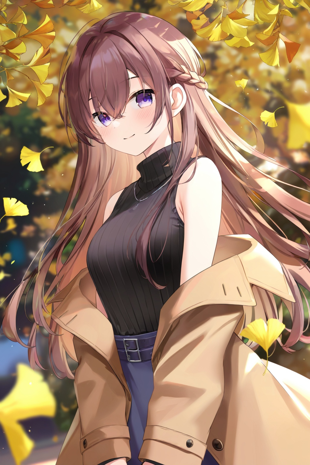 1girl, solo, long hair, looking at viewer, smile, bangs, skirt, brown hair, hair ornament, long sleeves, hair between eyes, bare shoulders, closed mouth, purple eyes, braid, sleeveless, belt, off shoulder, blurry, sweater, coat, turtleneck, leaf, ribbed sweater, autumn leaves, black sweater, brown coat, falling leaves, sleeveless sweater, ginkgo leaf