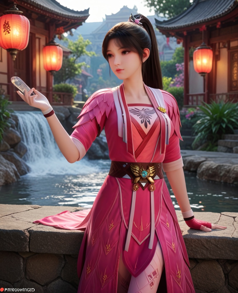 (oriental architecture, elegant decor, sophisticated style:1.1),(playing on the water slide:1.1),(breasts:1.2),<lora:XL修罗武神苏美:0.95>,miss sumei,pink dress,undies,belt,brown eyes,black hair,ponytail,clothing patterns,fingerless gloves,elastic pants,, score_9,score_8_up,score_7_up,score_6_up,score_5_up,score_4_up,3d rendering,tag1,tag2, Cinematic Lighting,backlighting,