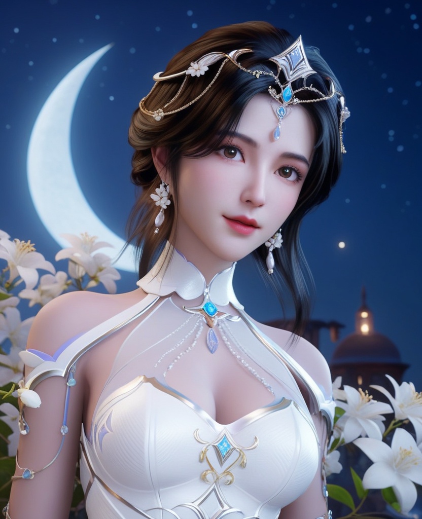 <lora:613-DA-XL-神印王座-白玥:0.8>(,1girl, ,best quality, ),looking at viewer,  ,,ultra detailed background,ultra detailed background,ultra realistic 8k cg, ,masterpiece, (( , )),, realistic,science fiction,mole, ultra realistic 8k cg, ,     ,crescent moon, jasmine \(flower\),     (cleavage), (),
