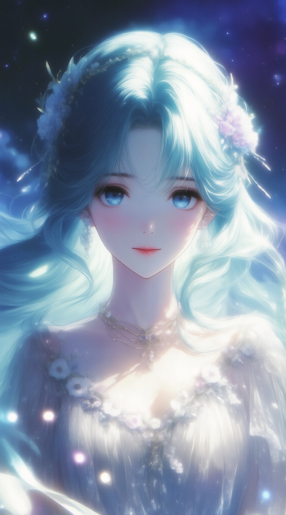 a digital illustration shoot from a close-up camera angle about a beautiful young woman with long,flowing light blue hair adorned with delicate accessories and flowers,the image also shows a serene and ethereal atmosphere with soft,glowing light effects,on the middle of the image,a young woman appears to be in her early twenties,with light skin and blue eyes,looking directly at the viewer with a gentle expression,she has long,wavy blue hair and is wearing a white,flowing dress adorned with flowers and jewelry,including a hair ornament and a pearl necklace,the background is a soft,starry night sky with blue and purple hues,creating a dreamy,ethereal ambiance,, Negative prompt: ng_deepnegative_v1_75t,(badhandv4:1.2),EasyNegative,(worst quality:2),,nsfw, Steps: 30, Sampler: Euler, CFG scale: 4.0, Seed: 3936777146, Size: 1142x2048, Model hash: 98763a1277, Model: Qwen-Image_1.0.safetensors, Denoising strength: 0, RNG: CPU, Lora 1: ZOZ_漫梦琉璃05~QWEN, Lora Hash 1: 5b64907f40, Lora Weight 1: 0.8, vae_name: automatic