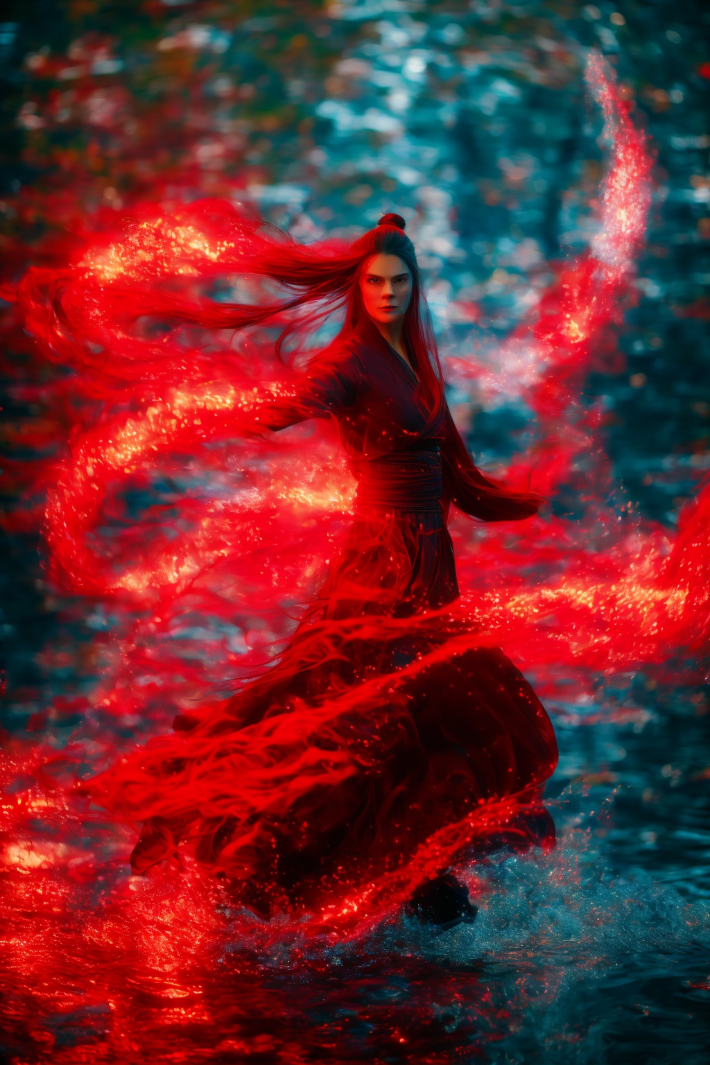 dancing,fighting stance,red-water-aura,using red-water-magic,red-water-magic,1girl,solo,long hair,blue eyes,common face,full body,<lora:magic_fighting_red_512_15:0.8>,