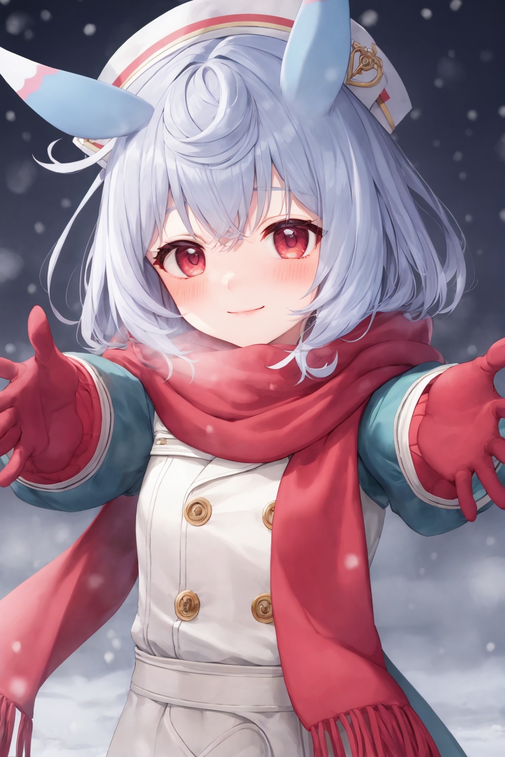 masterpiece, best quality, <lora:sigewinne-v2:1>, 1girl, solo, smile,animal ears, looking at viewer, scarf, hat, blue hair, blush, upper body, winter clothes, breath, mittens, coat, red gloves, closed mouth, snowing, bangs, blurry, short hair, red scarf, hair bun, snow, red eyes, outstretched arms