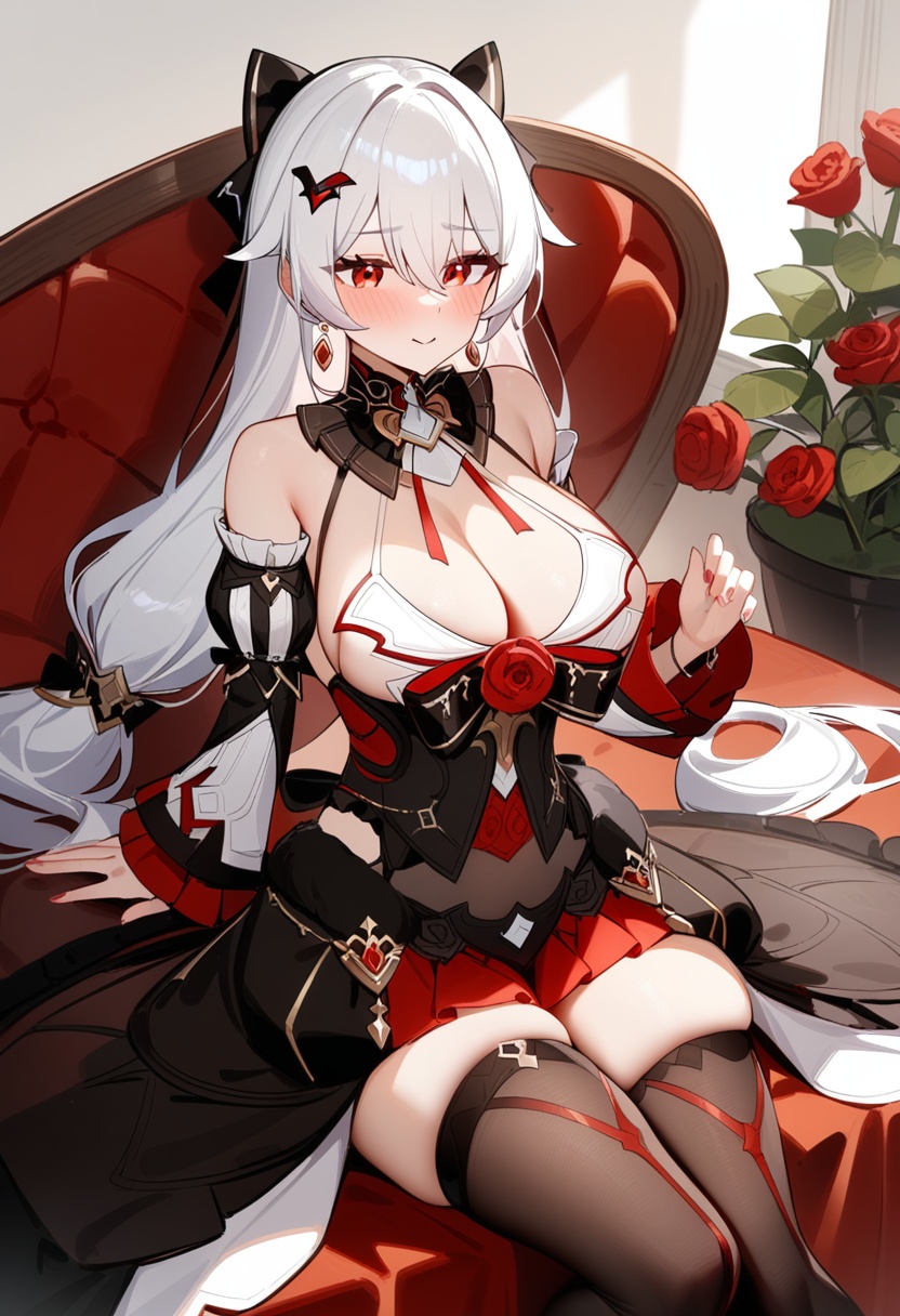 <lora:大月下a31.2:0.85>,a girl named lunakindred,lunakindred,1girl,black dress,bare shoulders,detached sleeves,earrings,red rose,black thighhighs,twintails,<lora:naipixa31-000019:0.5>,, masterpiece, best quality, very aesthetic, absurdres