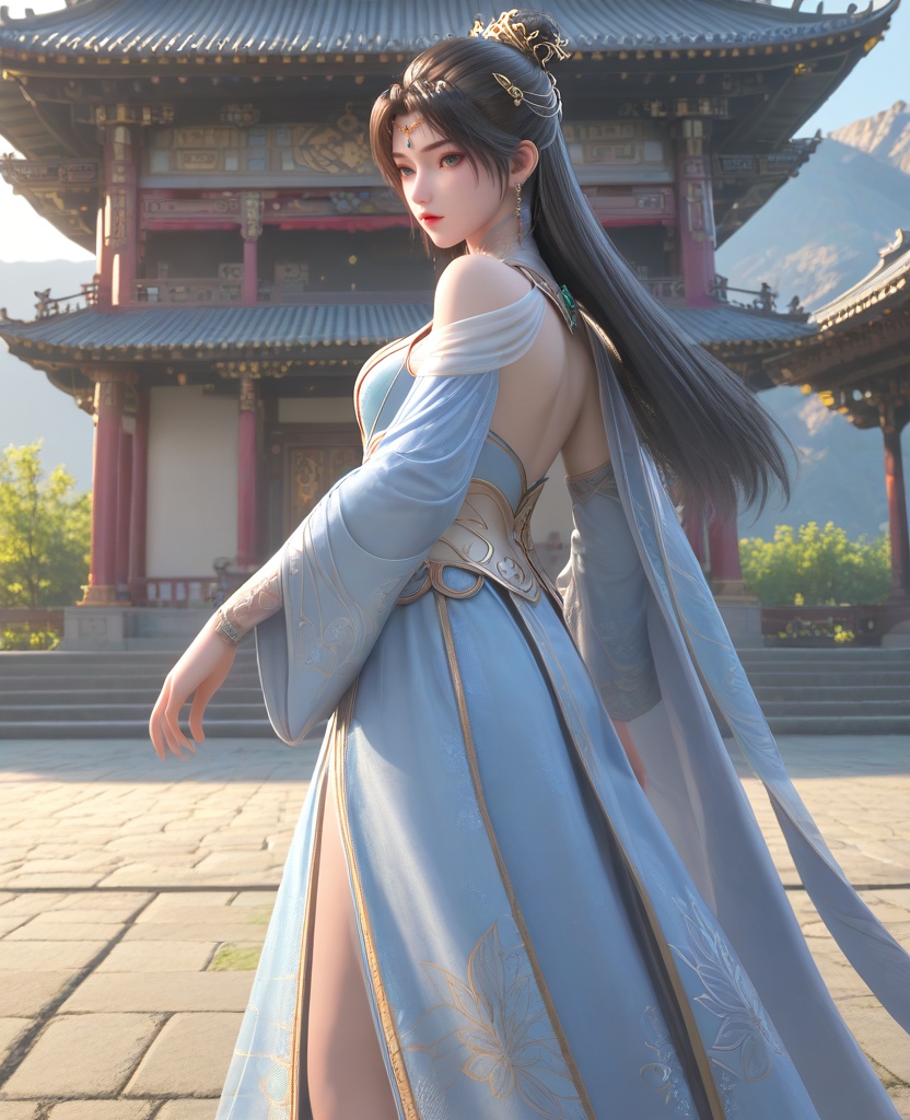(oriental architecture, elegant decor, sophisticated style:1.1),(Cape Flutter, Standing with the wind catching the superhero cape, creating a dramatic effect,:1.1),(breasts:1.2),<lora:XL16神墓雨馨:0.95>,miss yuxin,white blue tiered dress,blue eyes,black hair,traditional chinese updo with long cascading hair,hair ornament,jewelry,earrings,sash,, score_9,score_8_up,score_7_up,score_6_up,score_5_up,score_4_up,3d rendering,tag1,tag2, Cinematic Lighting,backlighting,