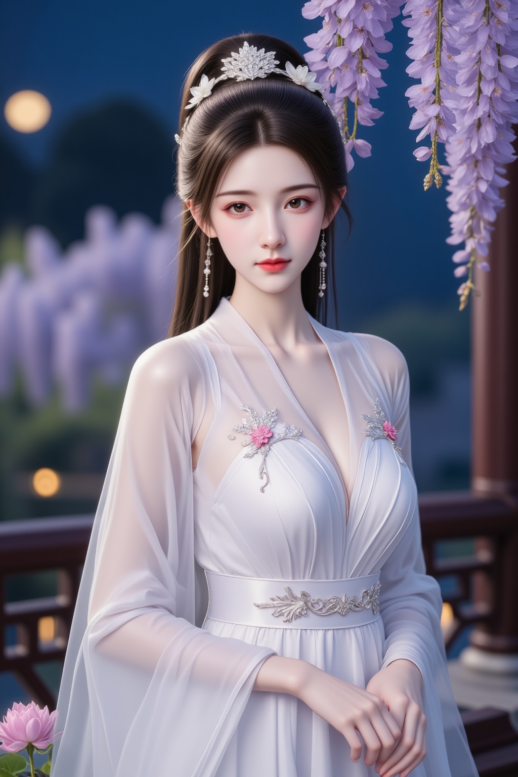 1girl, flower, solo, jewelry, long hair, hair ornament, earrings, realistic, dress, upper body, black hair, chinese clothes, hair flower, lotus, blurry, pink flower, blurry background, looking at viewer, wisteria, brown eyes, breasts, white dress, ponytail, brown hair, closed mouth, long sleeves, see-through, tiara, outdoors, medium breasts, railing, night