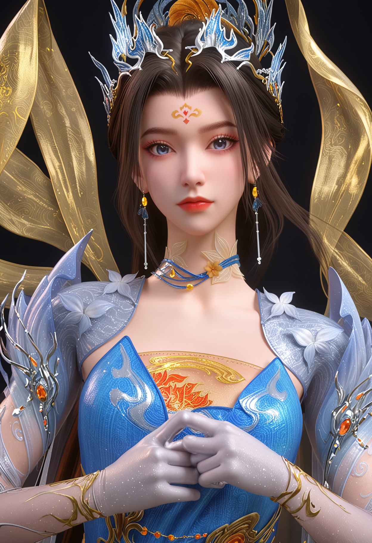 (upper_body:1.2),(looking at viewer:1.1),facing viewer,direct gaze,<lora:YQ_pony_chiyanghuaming_fuzhuang2_V4:0.8>,q1528437228,1girl,solo,jewelry,long hair,earrings,hair ornament,black hair,forehead mark,blue dress,brown hair,necklace,hair bun,blue eyes,tiara,bracelet,choker,gloves,BREAK simple background,pure black background,black background,perfect anatomy,